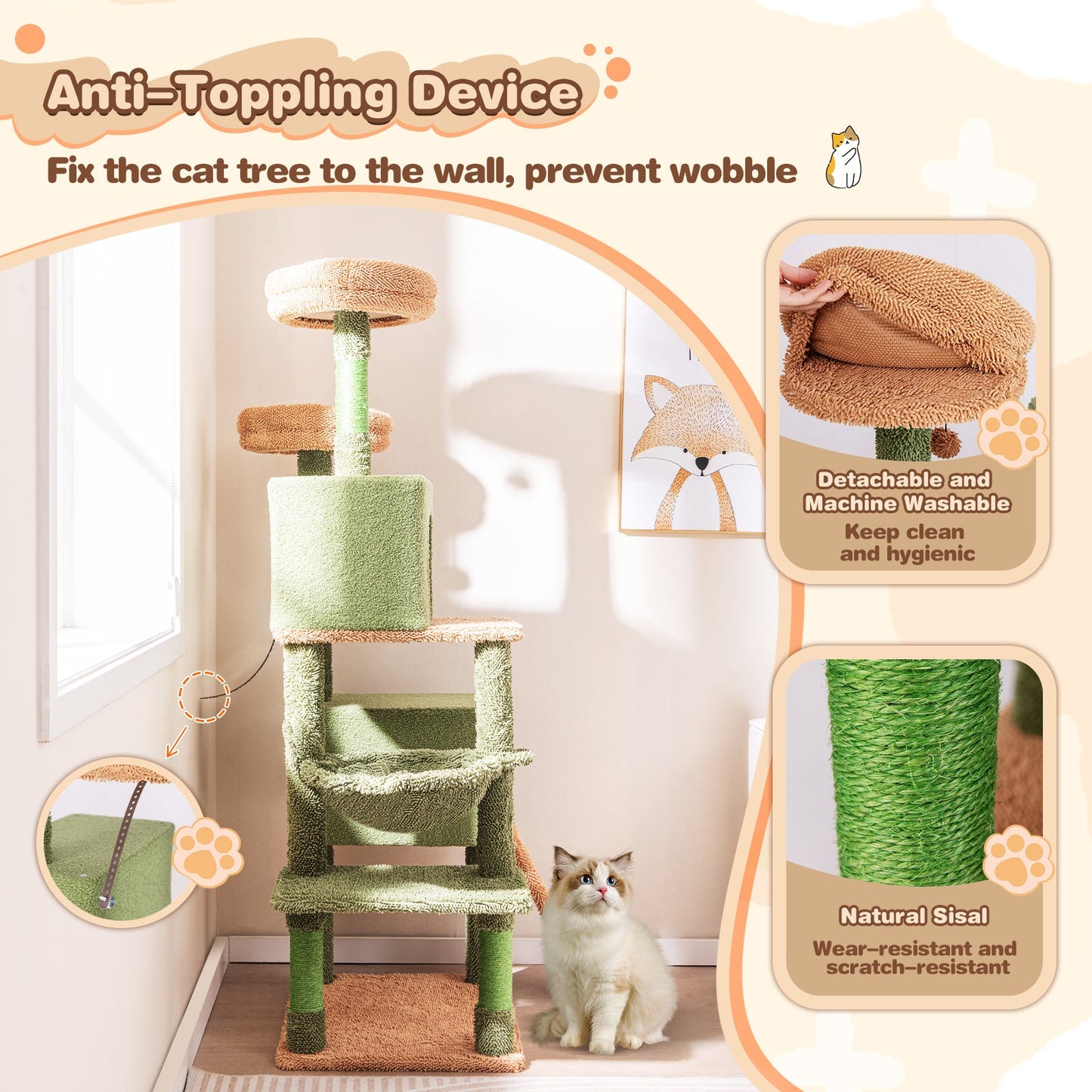 Árbol para Gatos en Forma de Cactus de Múltiples Niveles con Postes para Rascar y Condominios - Verd