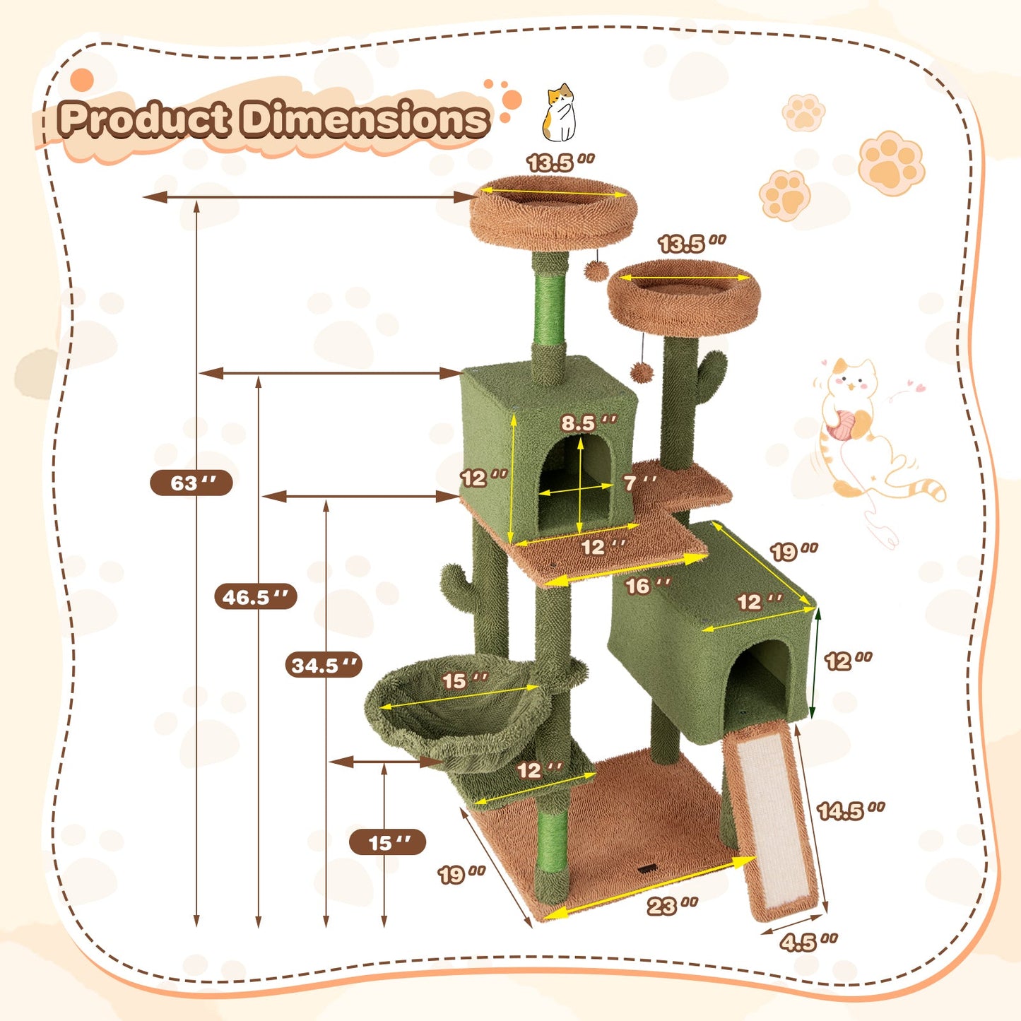 Árbol para Gatos en Forma de Cactus de Múltiples Niveles con Postes para Rascar y Condominios - Verd