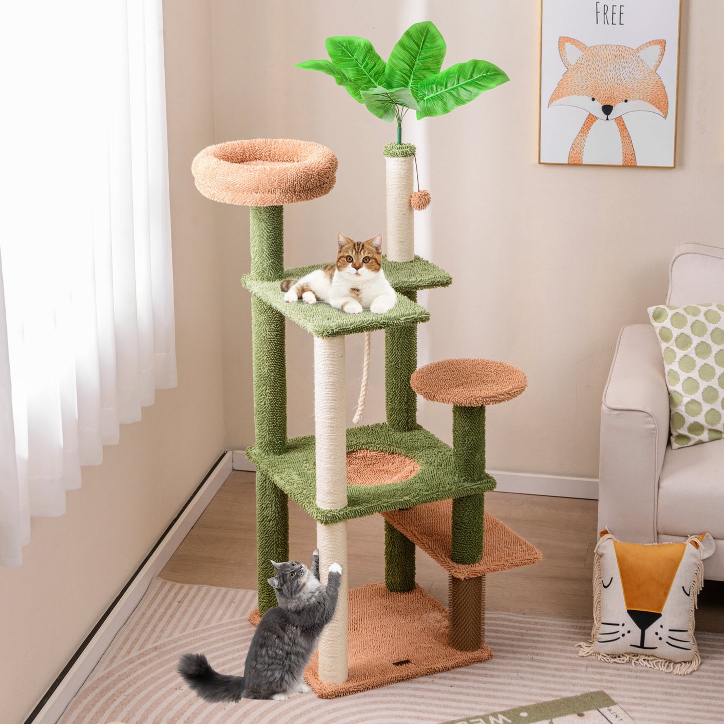 Árbol para Gatos Multinivel con Postes de Rascado y Perchero de Felpa - Verde