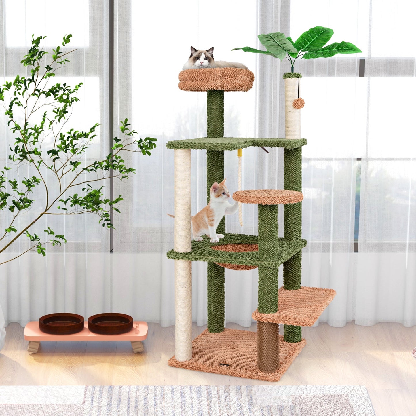 Árbol para Gatos Multinivel con Postes de Rascado y Perchero de Felpa - Verde
