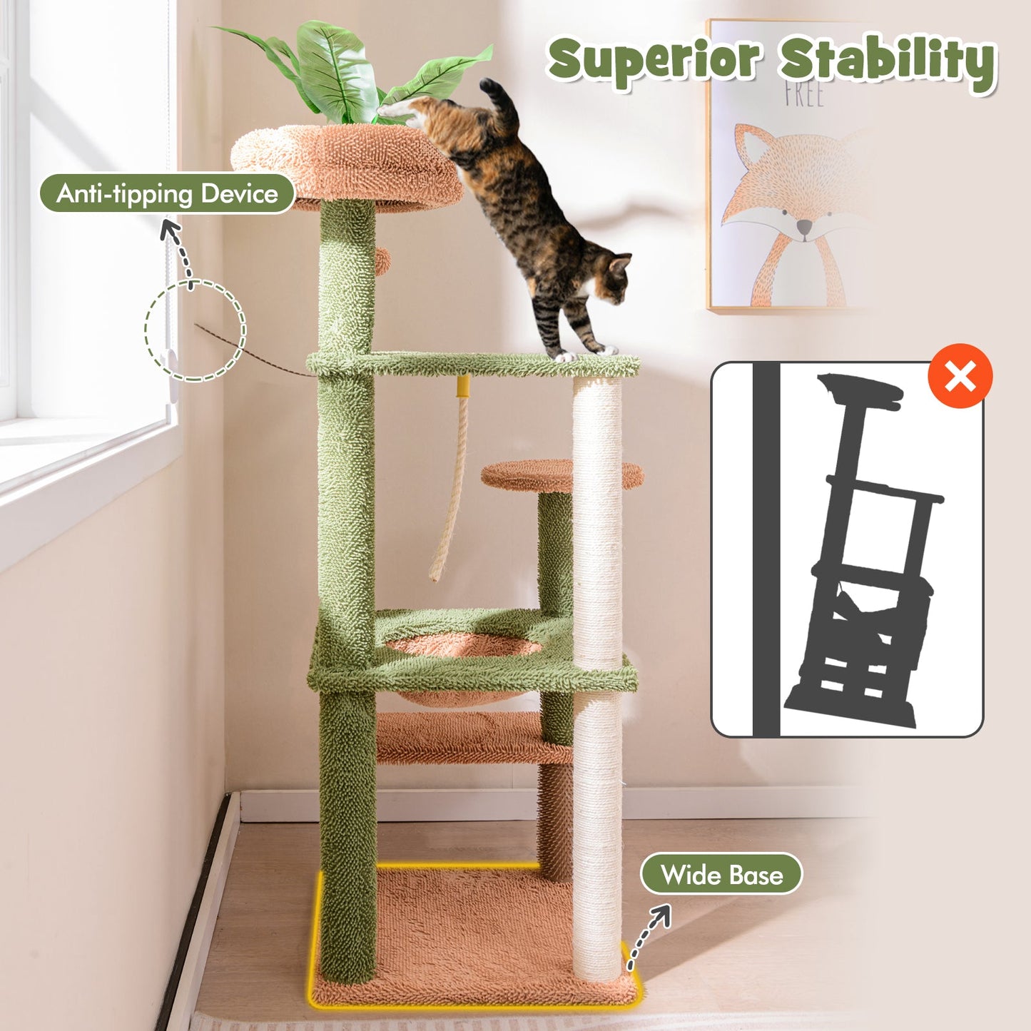 Árbol para Gatos Multinivel con Postes de Rascado y Perchero de Felpa - Verde