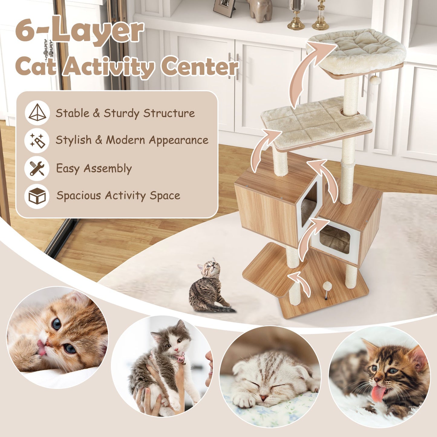Arbre à chat en bois moderne avec condos et coussins lavables