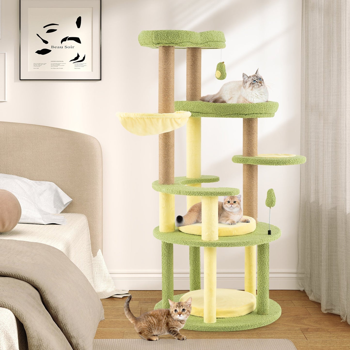Arbre à chat multi-niveaux thème avocat avec panier rotatif