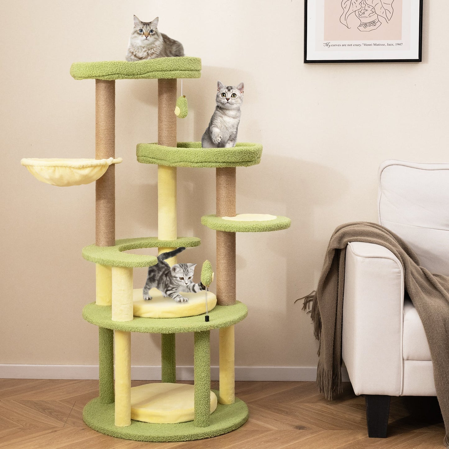 Arbre à chat multi-niveaux thème avocat avec panier rotatif