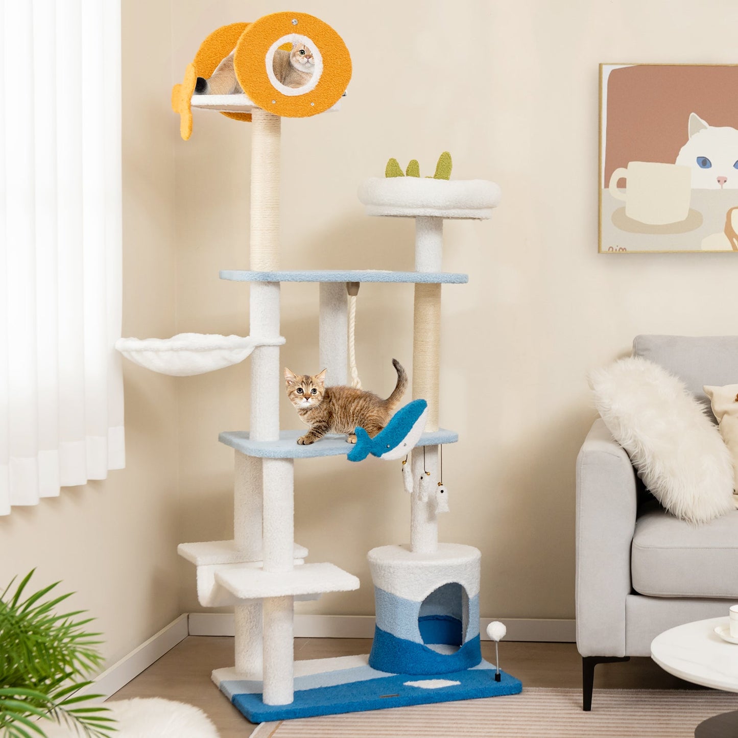 Ocean-themed Multi-level Cat Tree Tower with Scratching Posts - Blue