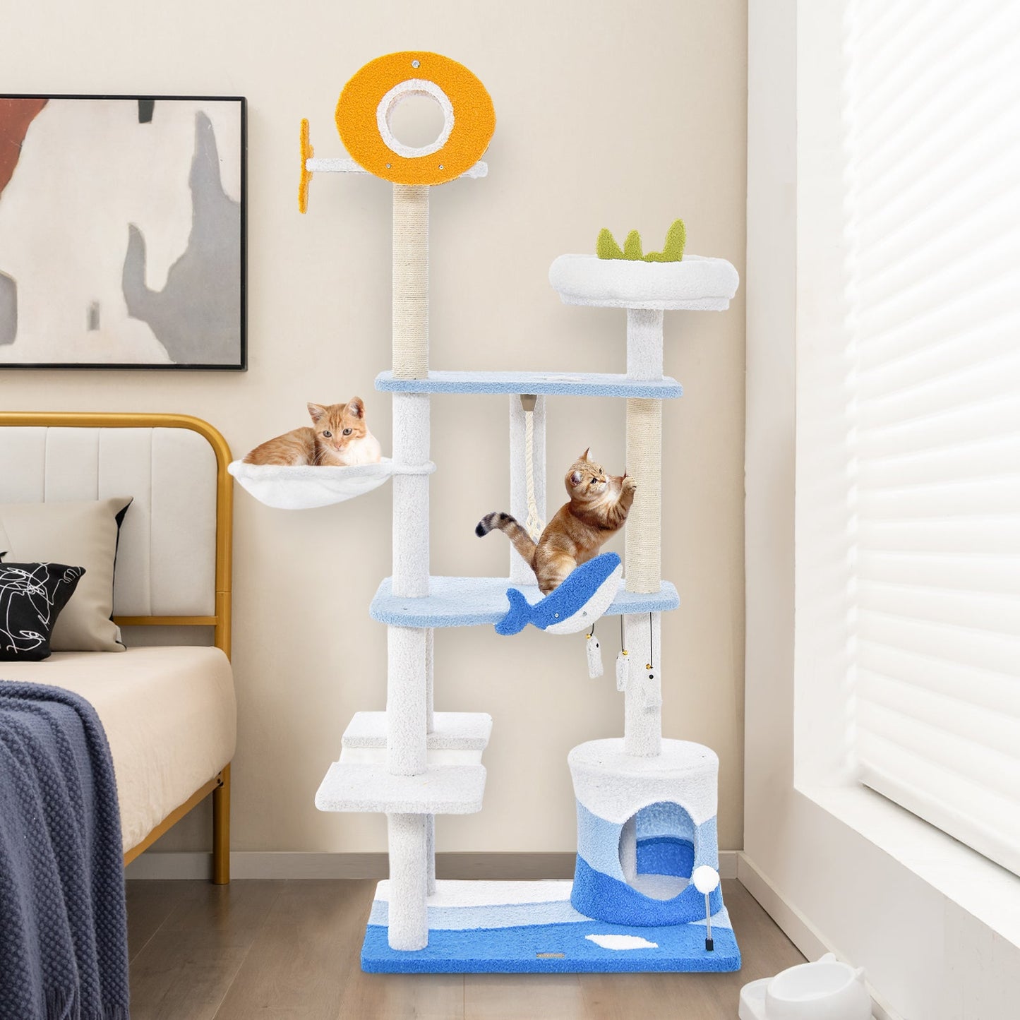 Ocean-themed Multi-level Cat Tree Tower with Scratching Posts - Blue