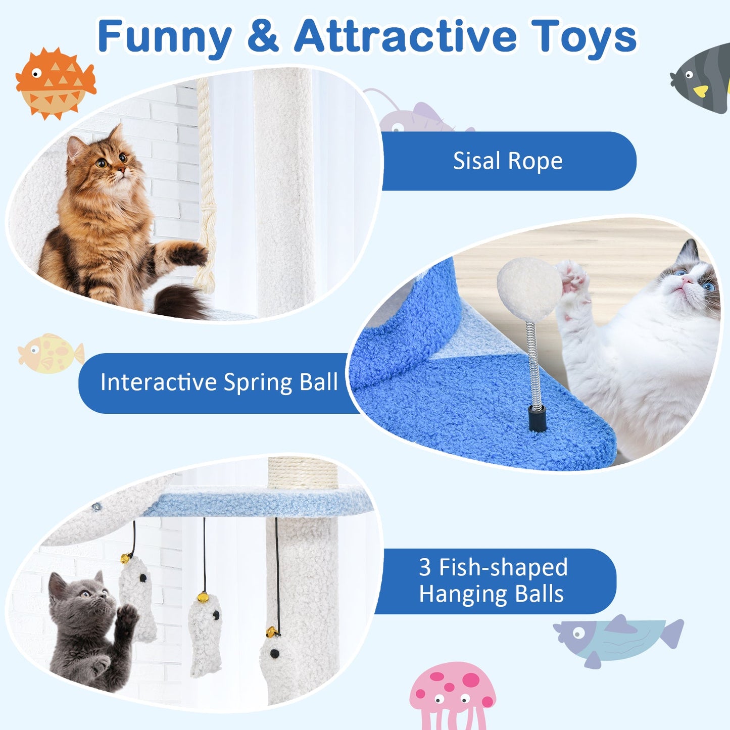 Ocean-themed Multi-level Cat Tree Tower with Scratching Posts - Blue