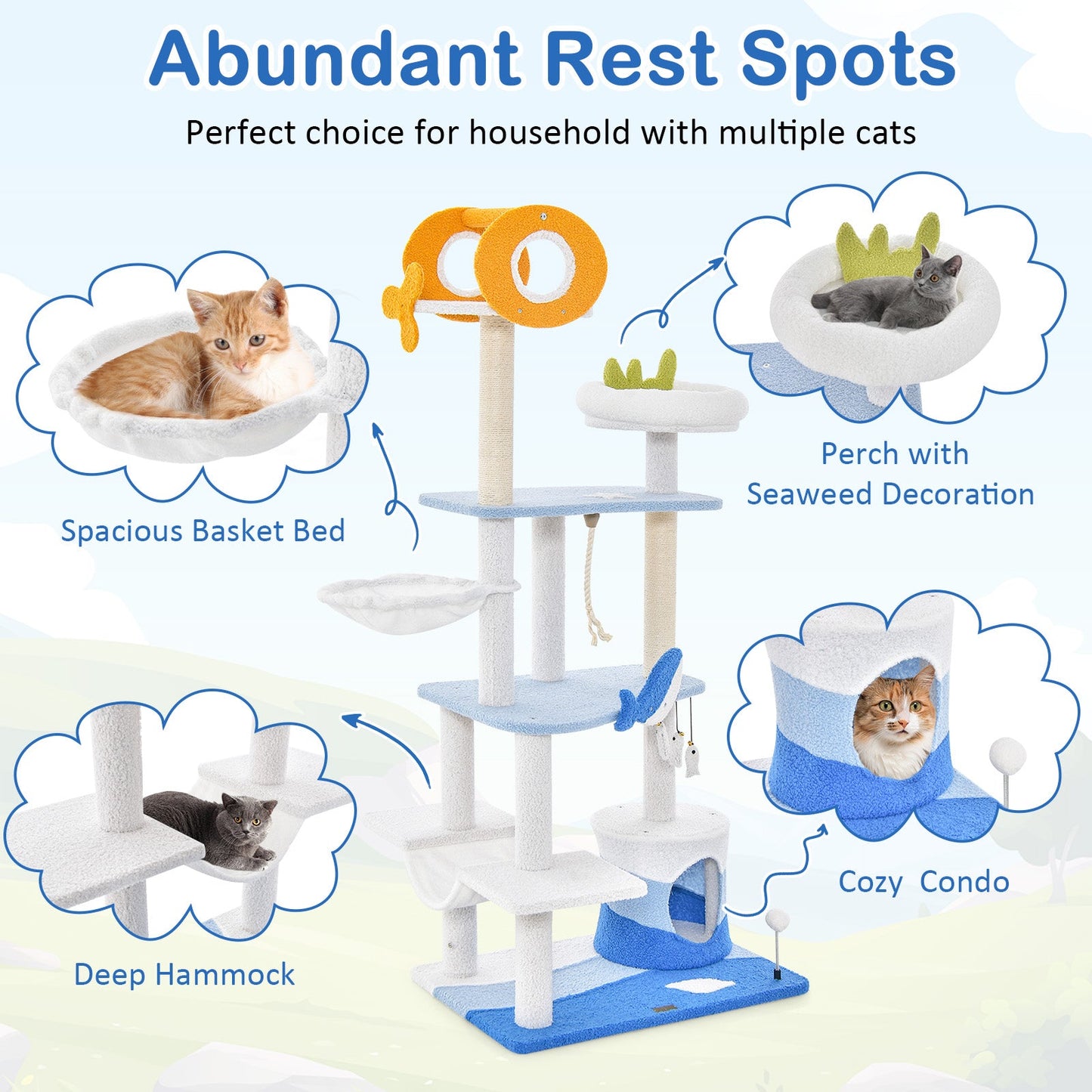 Ocean-themed Multi-level Cat Tree Tower with Scratching Posts - Blue
