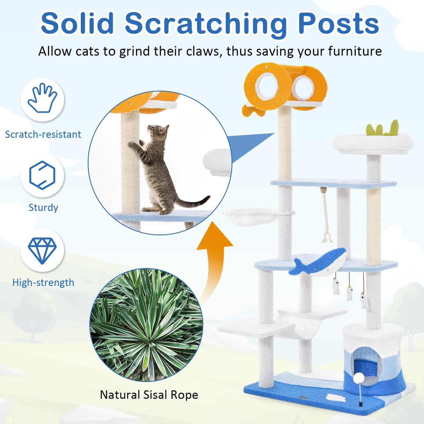 Ocean-themed Multi-level Cat Tree Tower with Scratching Posts - Blue