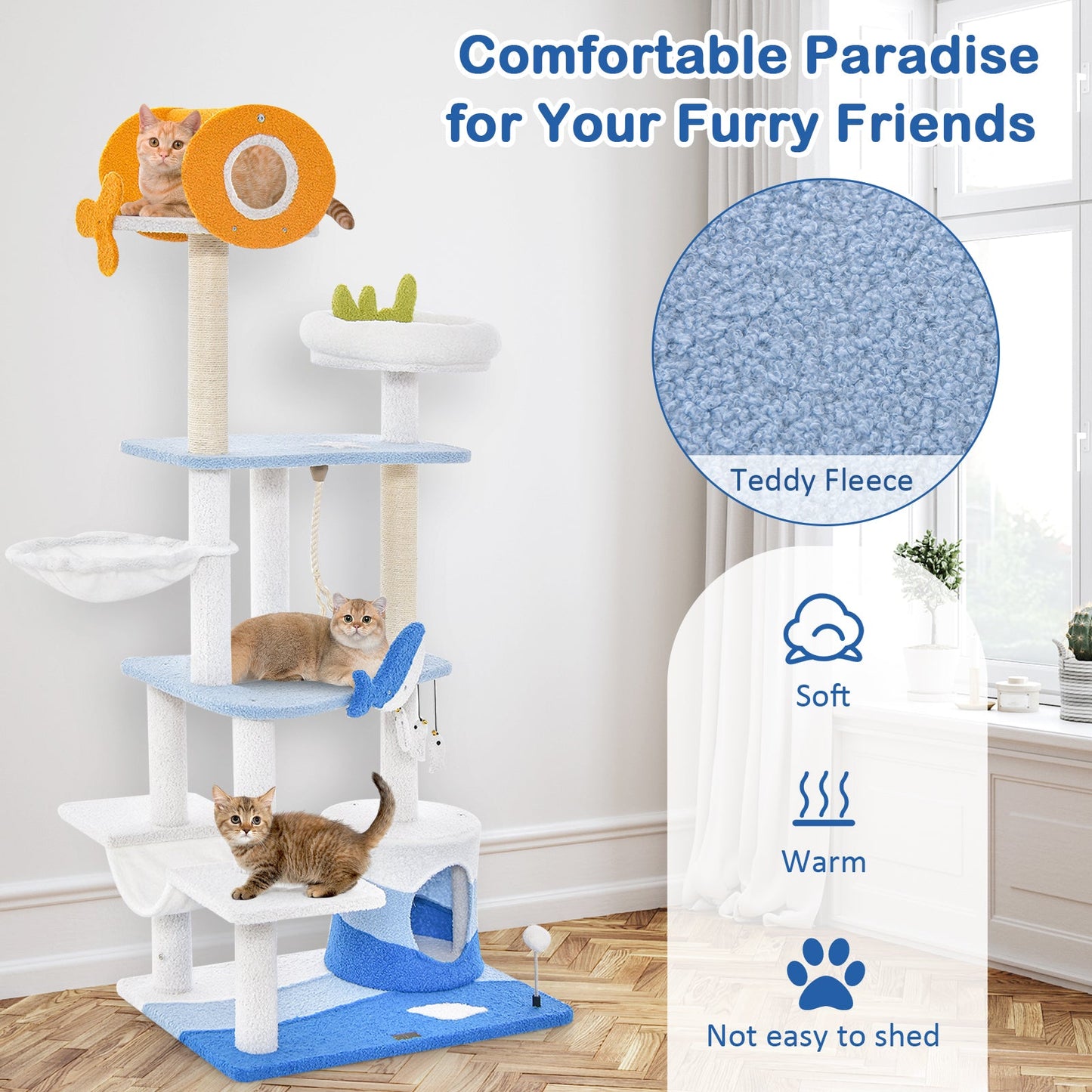 Ocean-themed Multi-level Cat Tree Tower with Scratching Posts - Blue