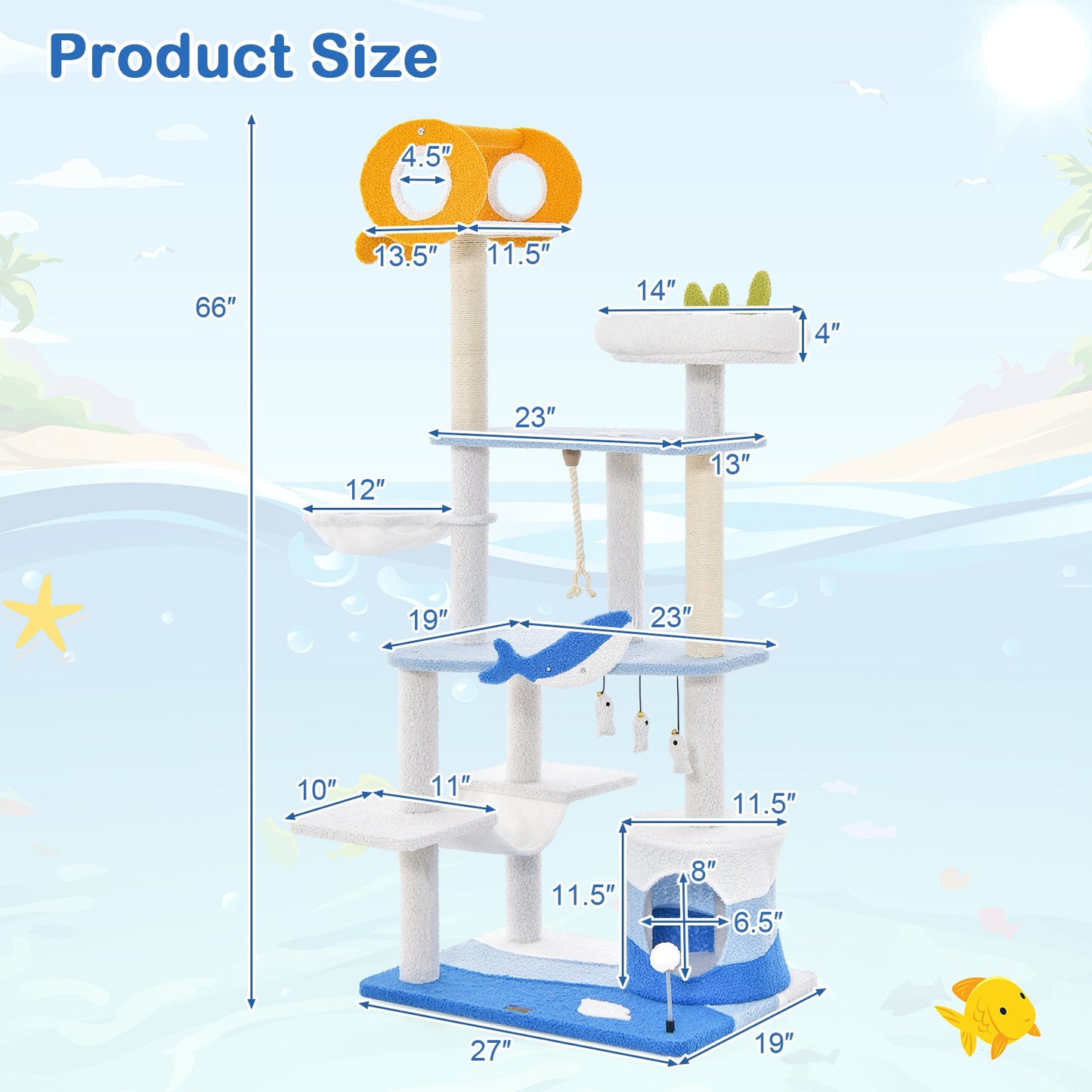 Ocean-themed Multi-level Cat Tree Tower with Scratching Posts - Blue