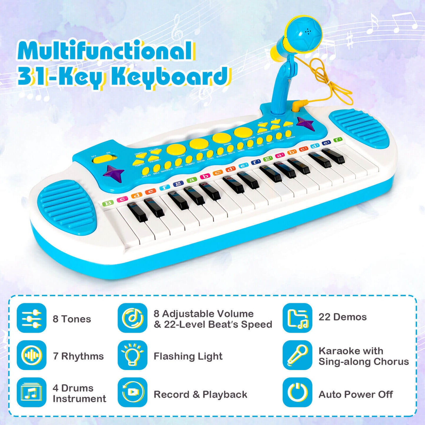 Teclado de Piano Infantil de 31 Teclas con Micrófono - Azul
