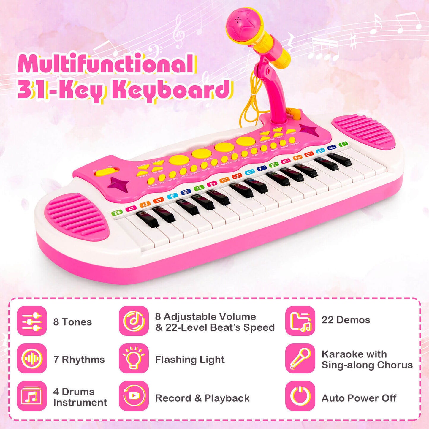 Teclado de Piano para Niños de 31 Teclas con Micrófono - Rosa