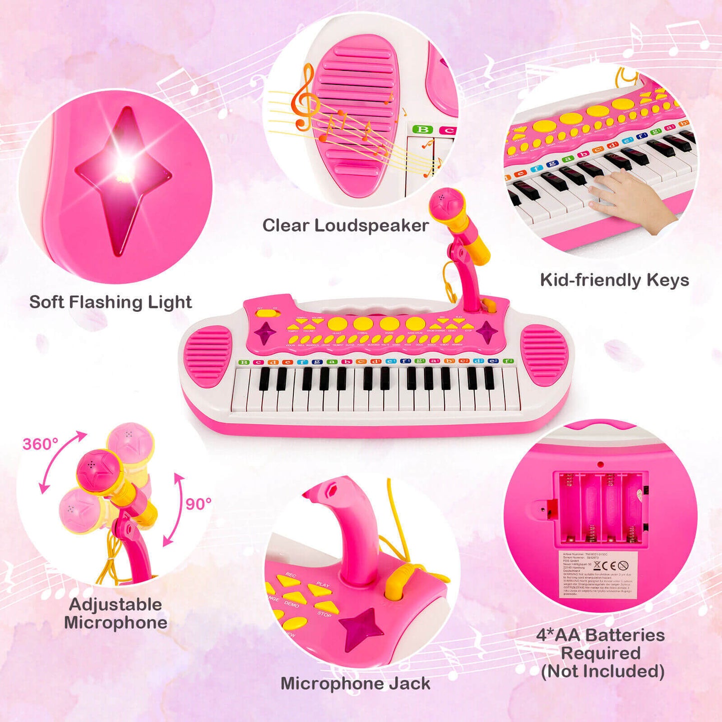 Teclado de Piano para Niños de 31 Teclas con Micrófono - Rosa