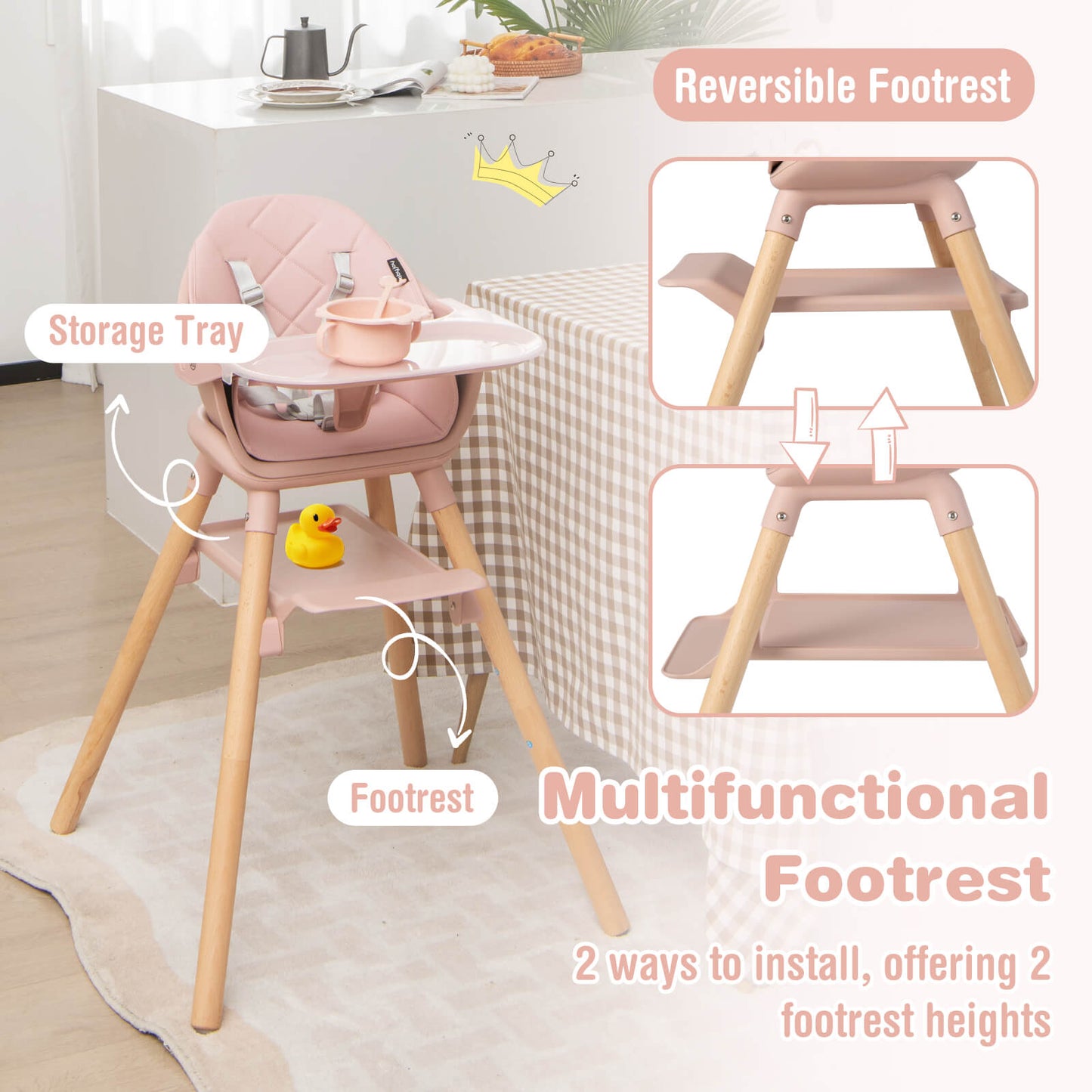Chaise haute convertible 6-en-1 - Rose
