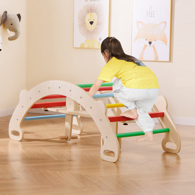 4-in-1 Multifunctional Wooden Climbing Toy with Rocker and Tunnel