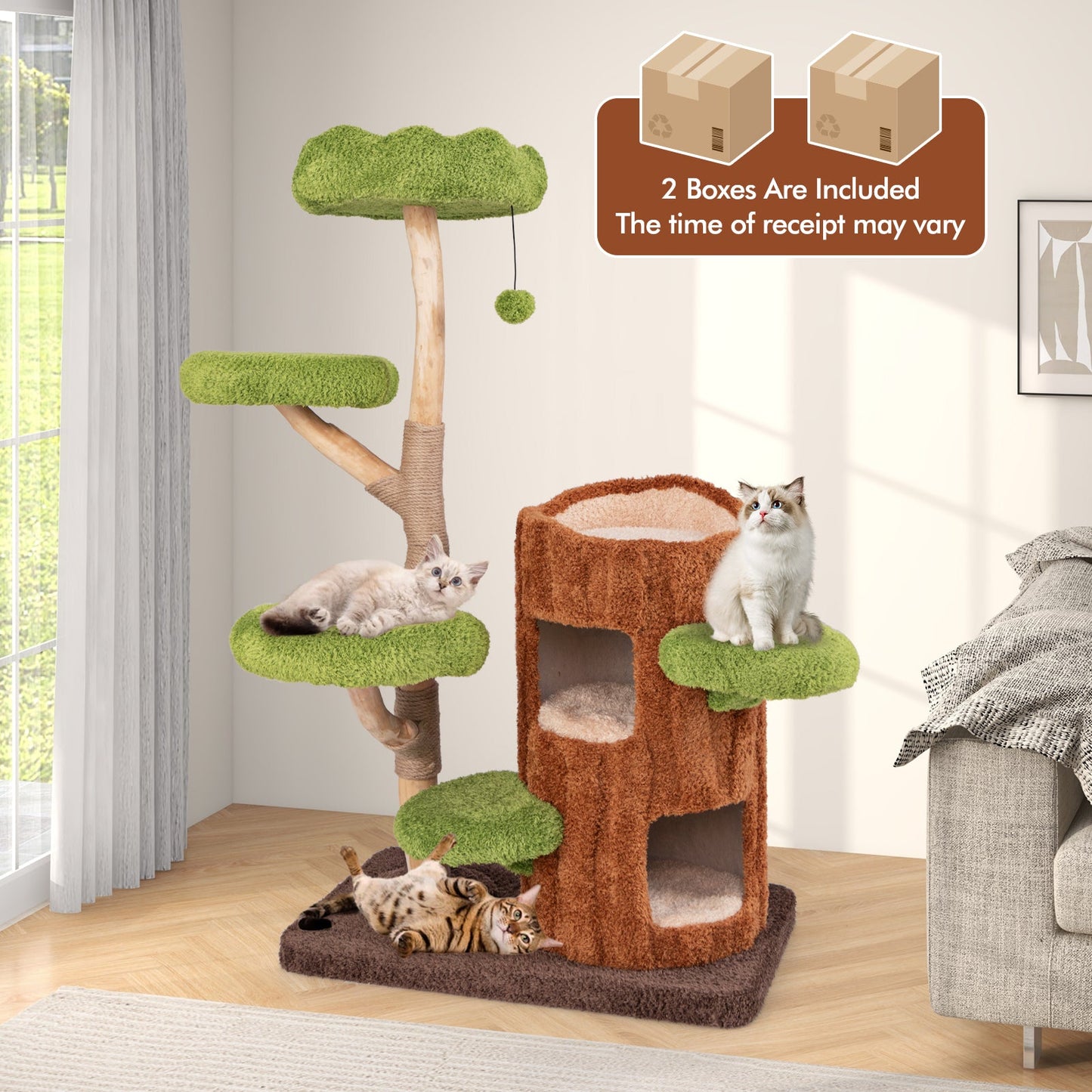 Arbre à chat multi-niveaux avec maison à deux étages - Marron