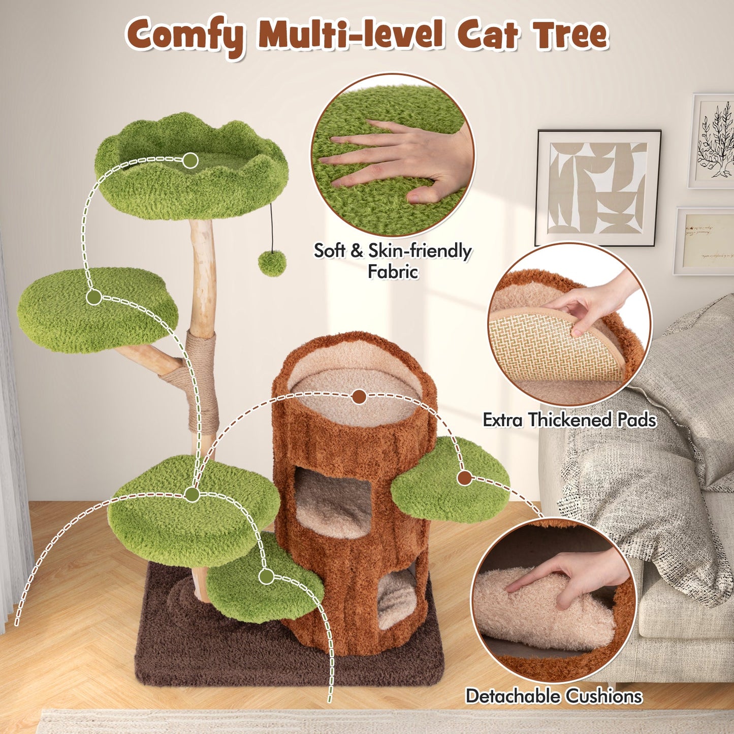 Arbre à chat multi-niveaux avec maison à deux étages - Marron