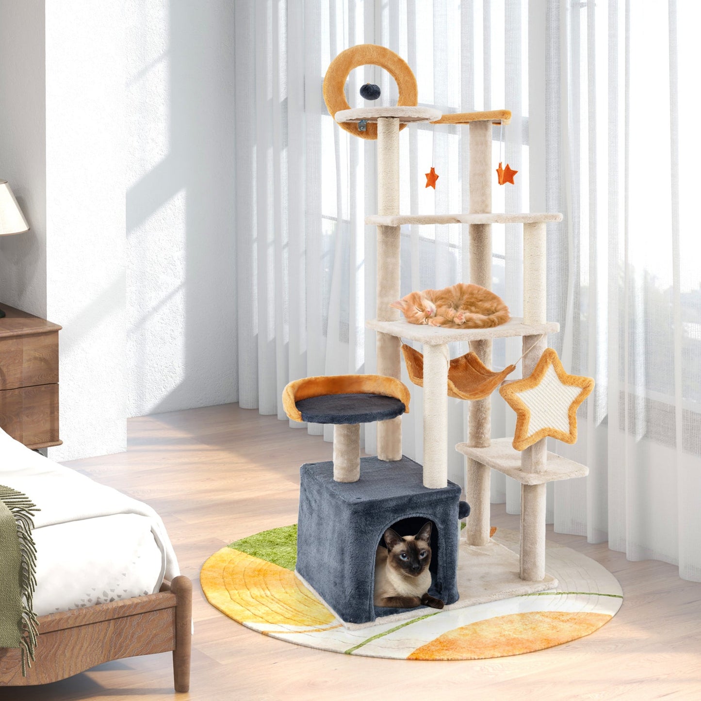 Torre para Gatos Multi-Nivel de 63 Pulgadas con Tabla de Rasguño y Juguetes