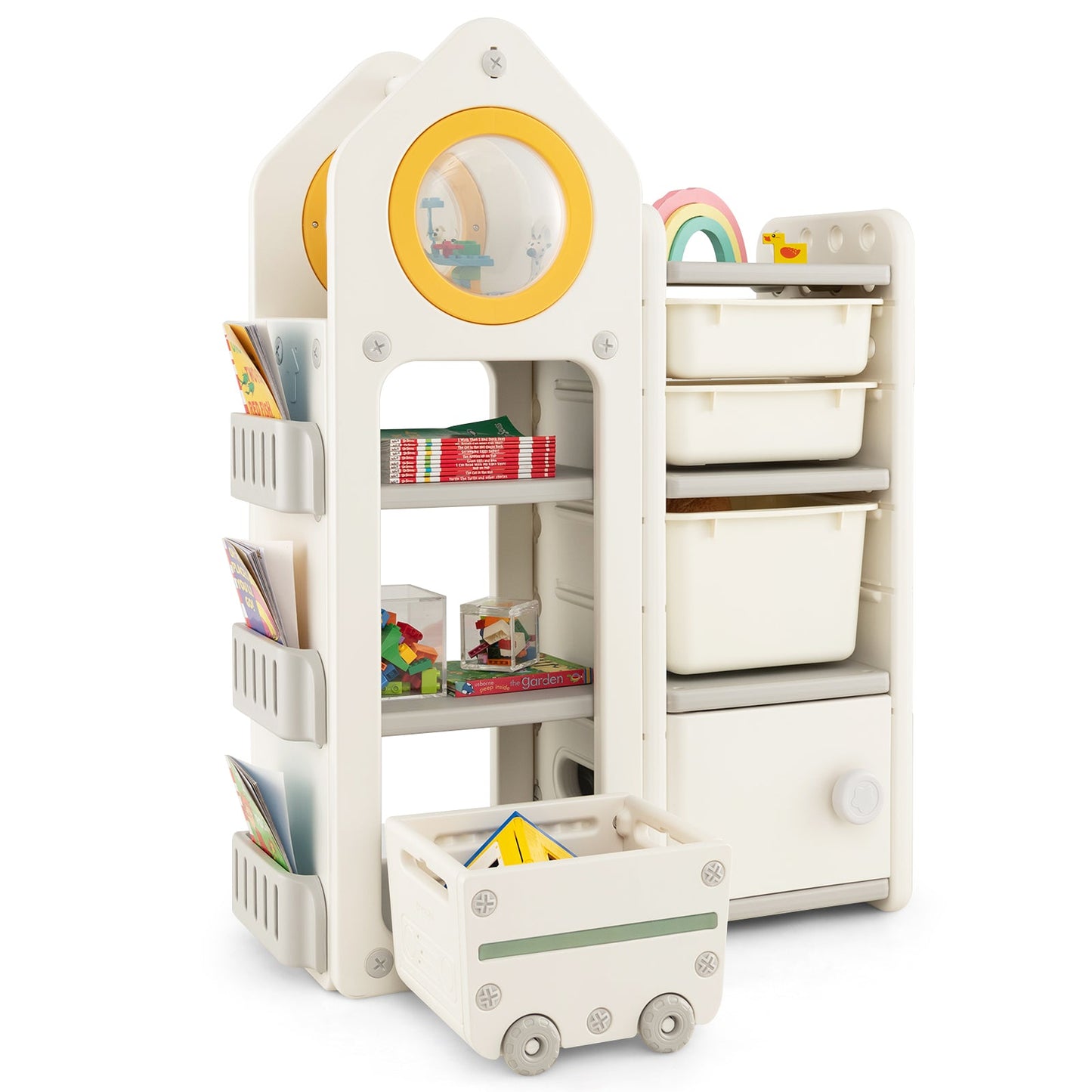 Multipurpose Toy Chest and Bookshelf with Mobile Trolley - Gray
