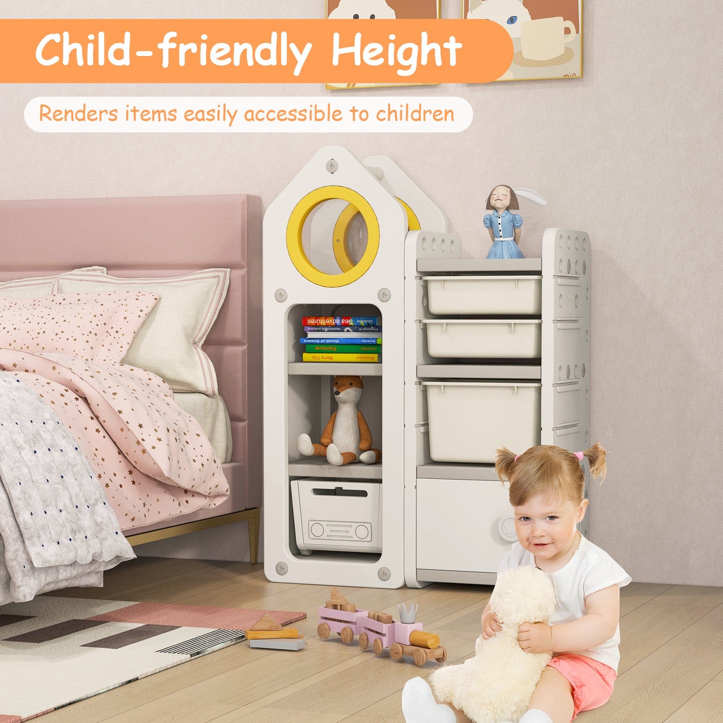 Multipurpose Toy Chest and Bookshelf with Mobile Trolley - Gray