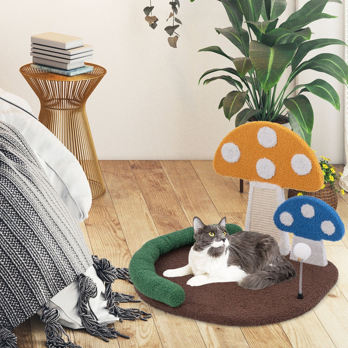 Mushroom Cat Bed with Scratch Panel - Multicolor