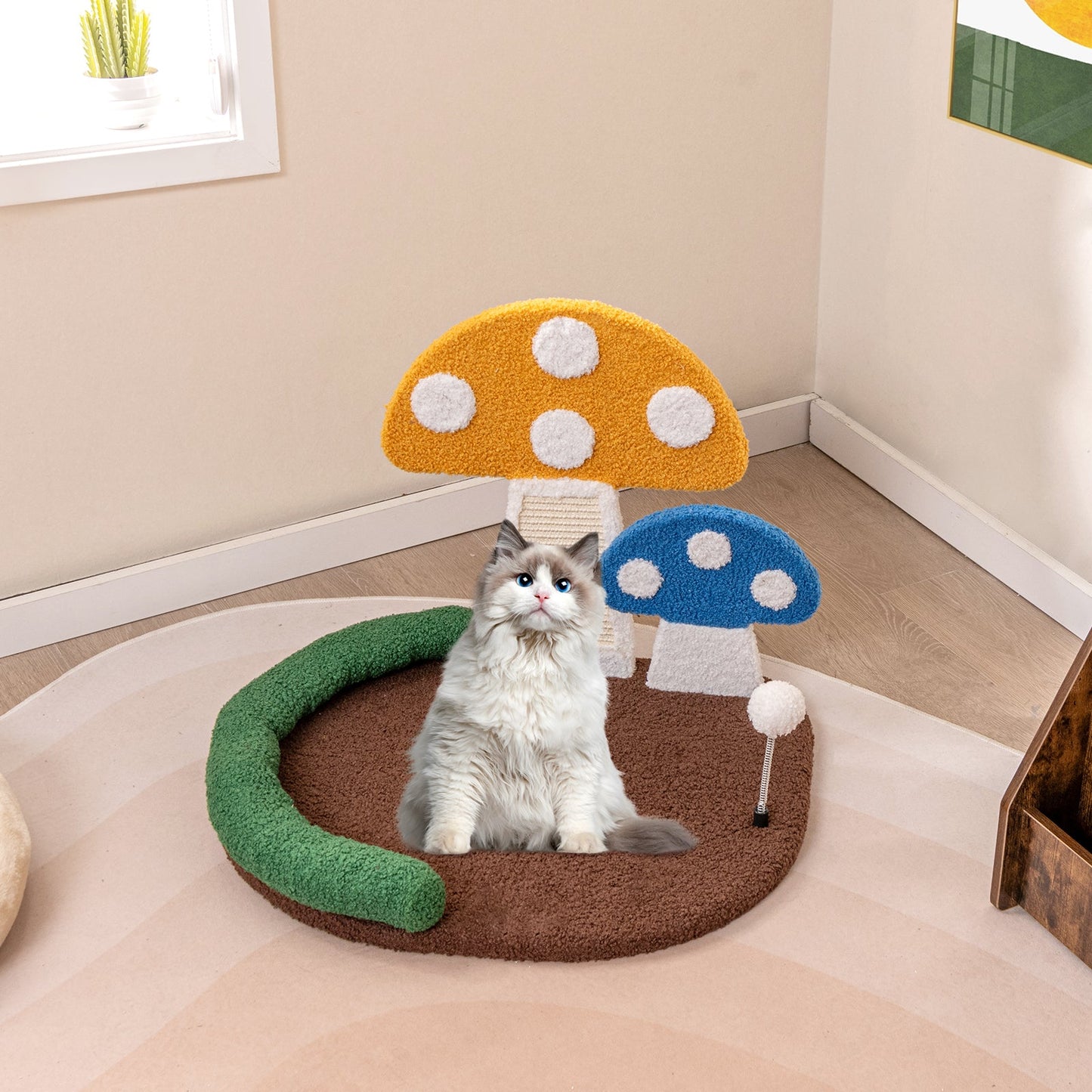 Mushroom Cat Bed with Scratch Panel - Multicolor