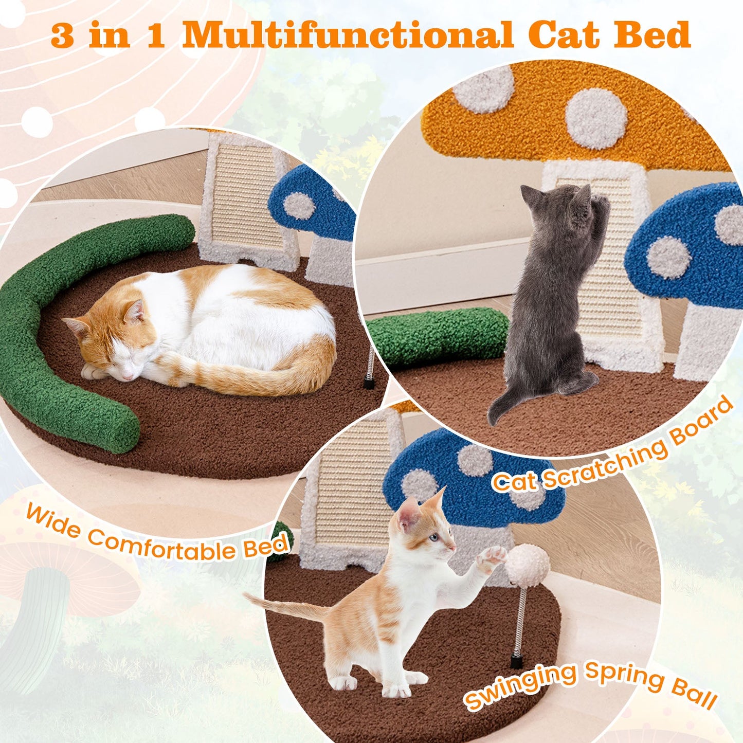 Mushroom Cat Bed with Scratch Panel - Multicolor