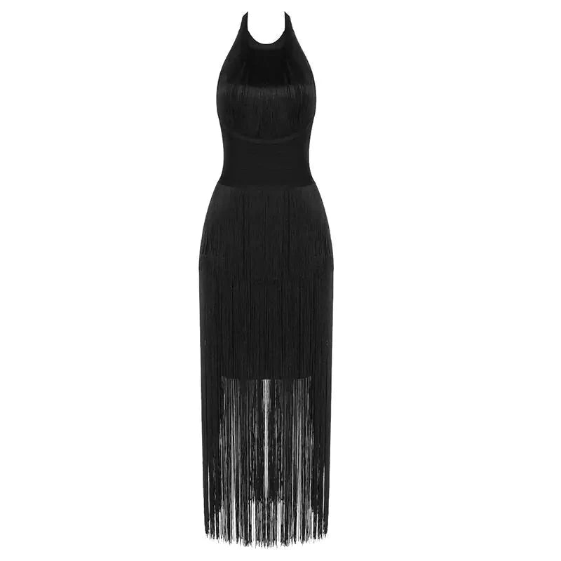 Robe dos nu à col halter avec franges