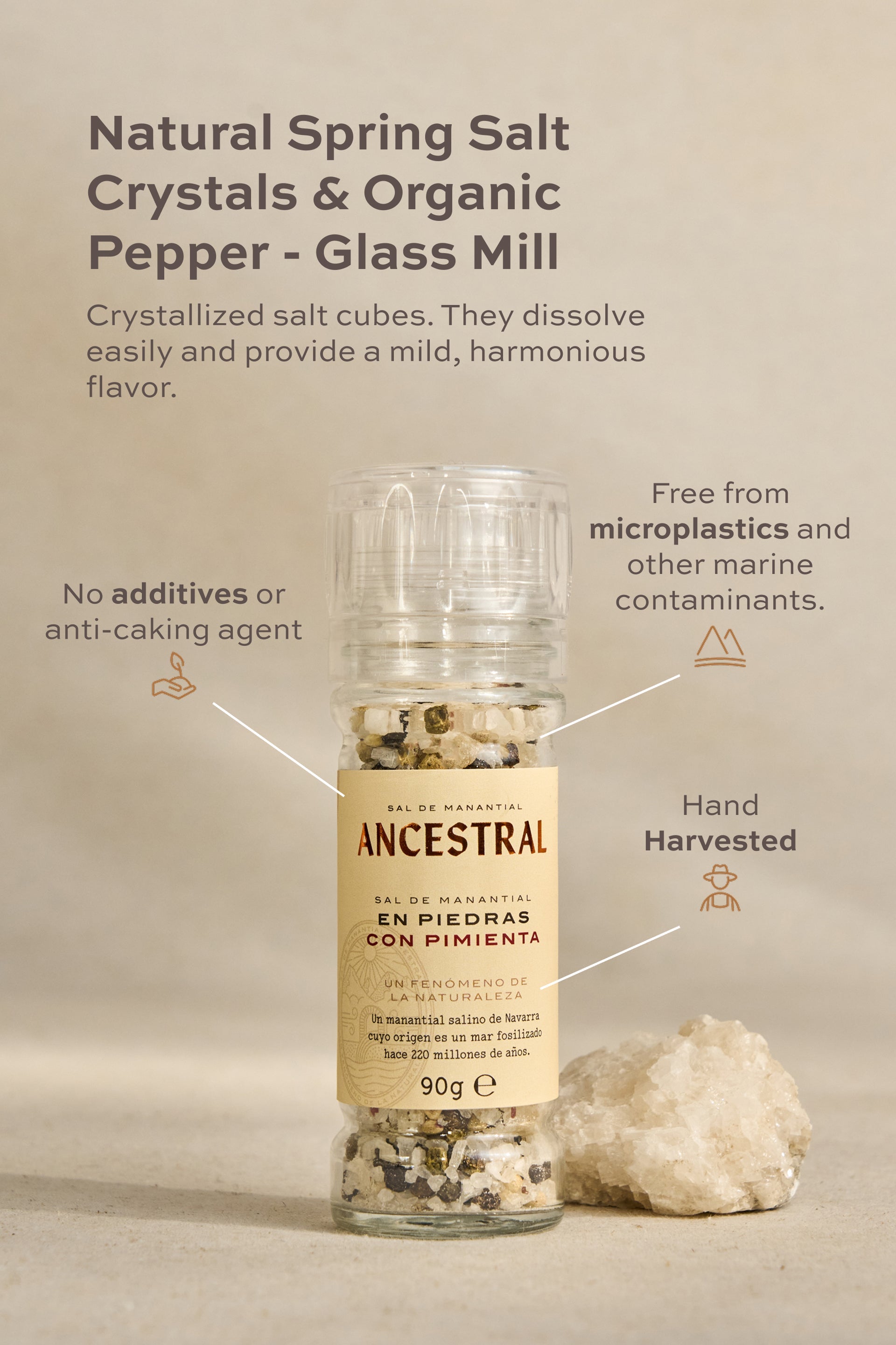 Natural Spring Salt Crystals & Organic Pepper - Glass Mill - Korvel