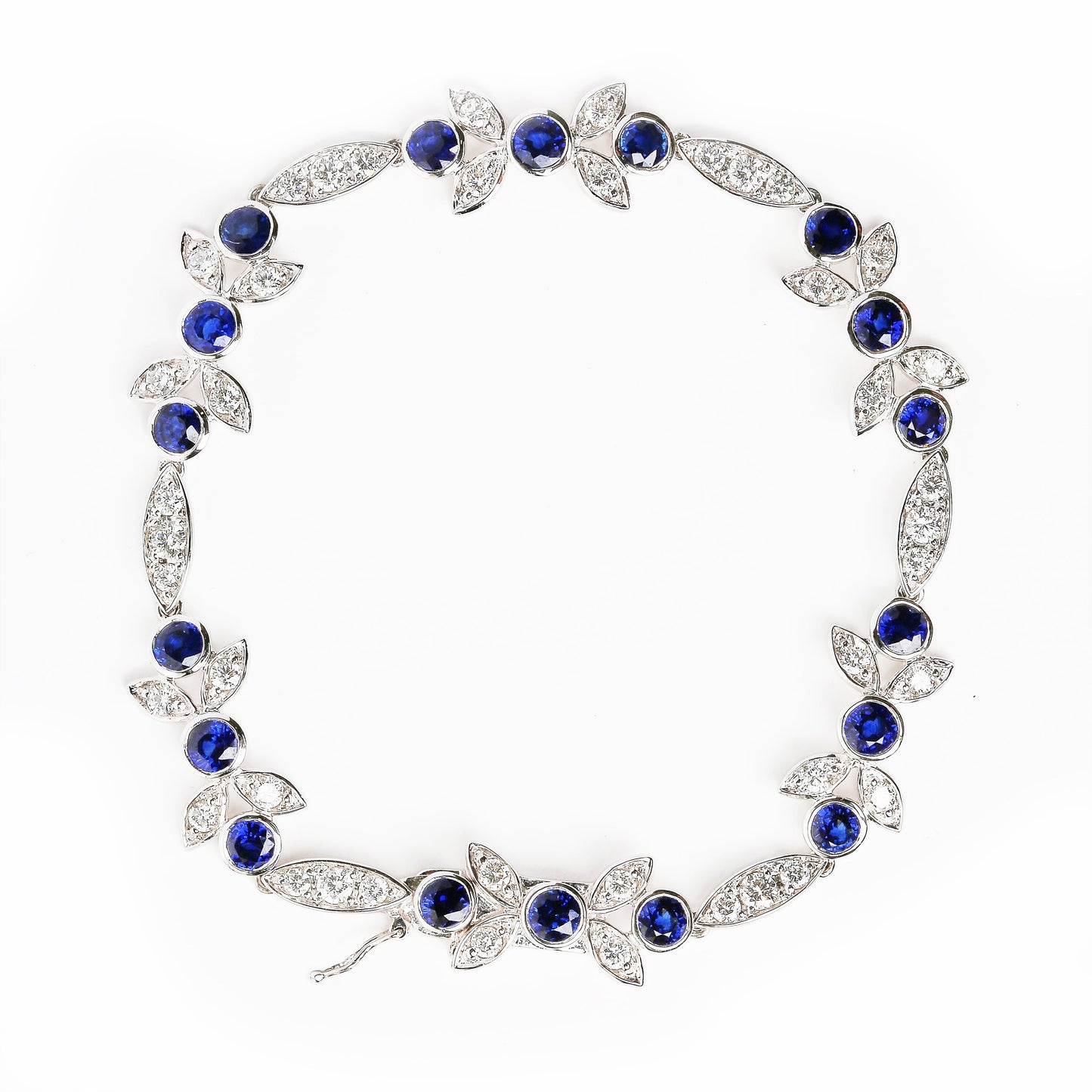 18K White Gold Diamond & Blue Sapphire Floral Link Bracelet - Size 7"