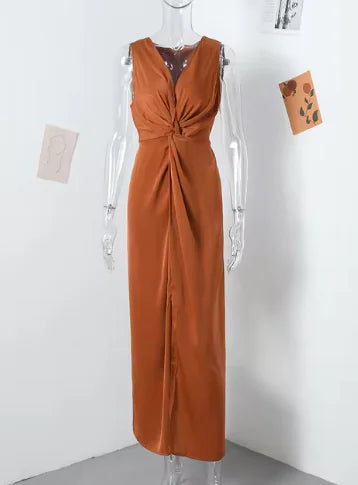Knotted Evening Long Dress for Women - V-neck Sleeveless Bodycon