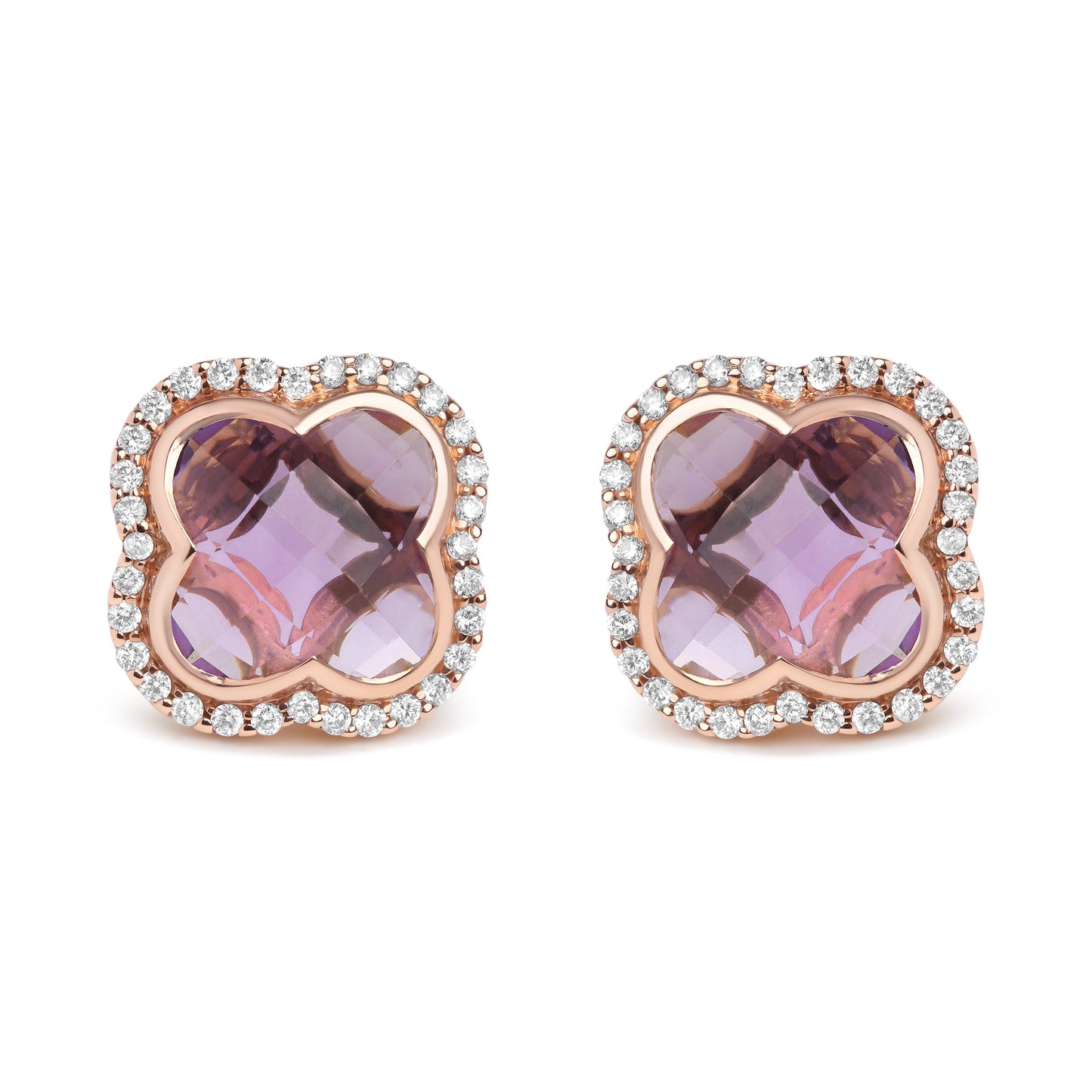 Pendientes de Stud Halo de Amatista Cortada en Trébol de Oro Rosa de 18K