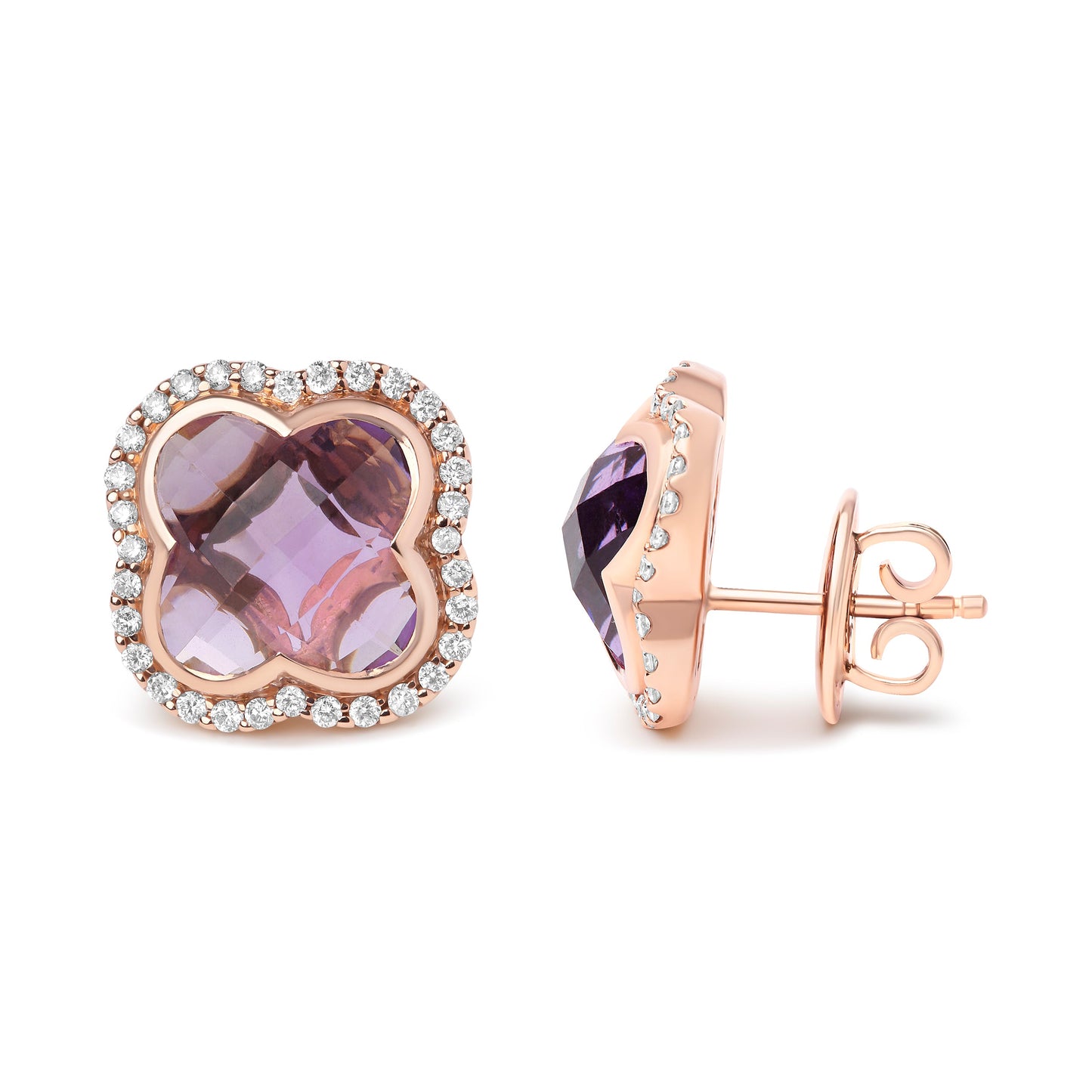 Pendientes de Stud Halo de Amatista Cortada en Trébol de Oro Rosa de 18K