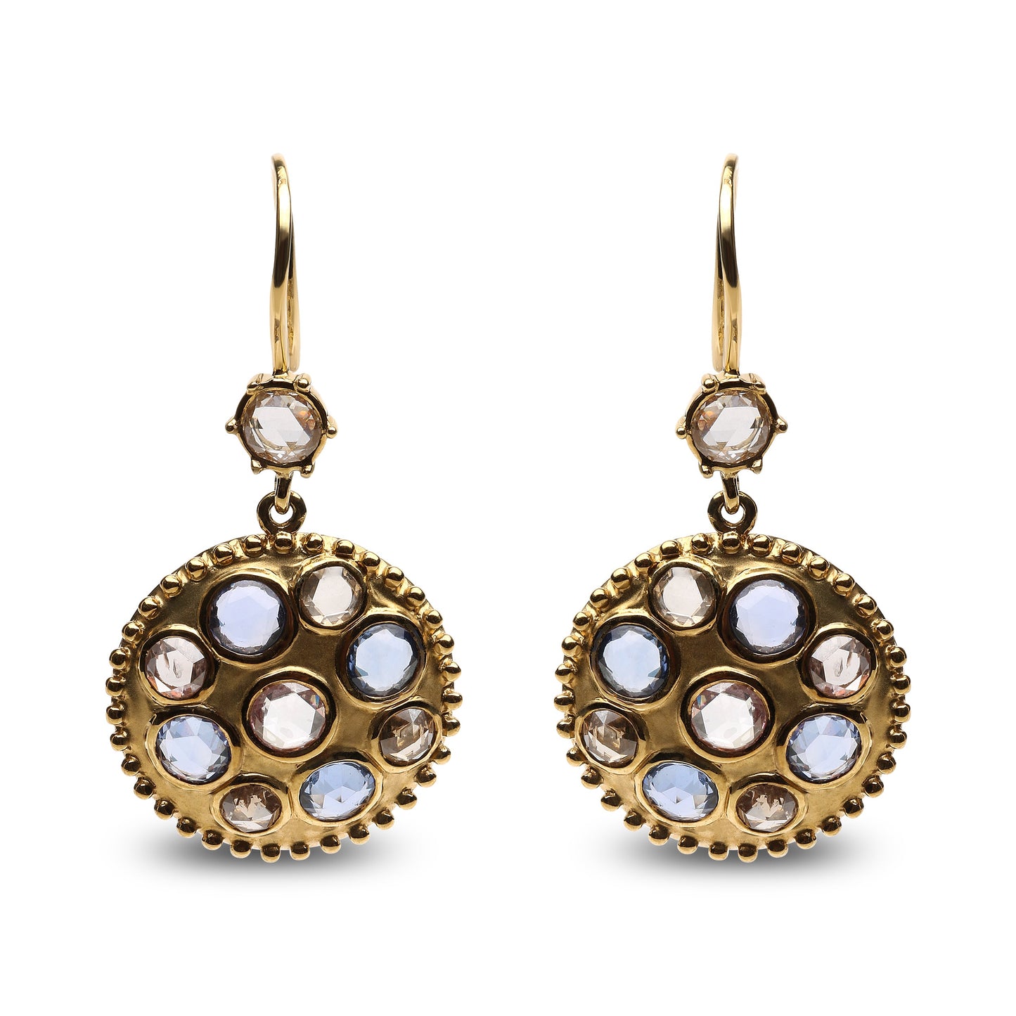 18K Yellow Gold Diamond and Blue Sapphire Dangle Earrings