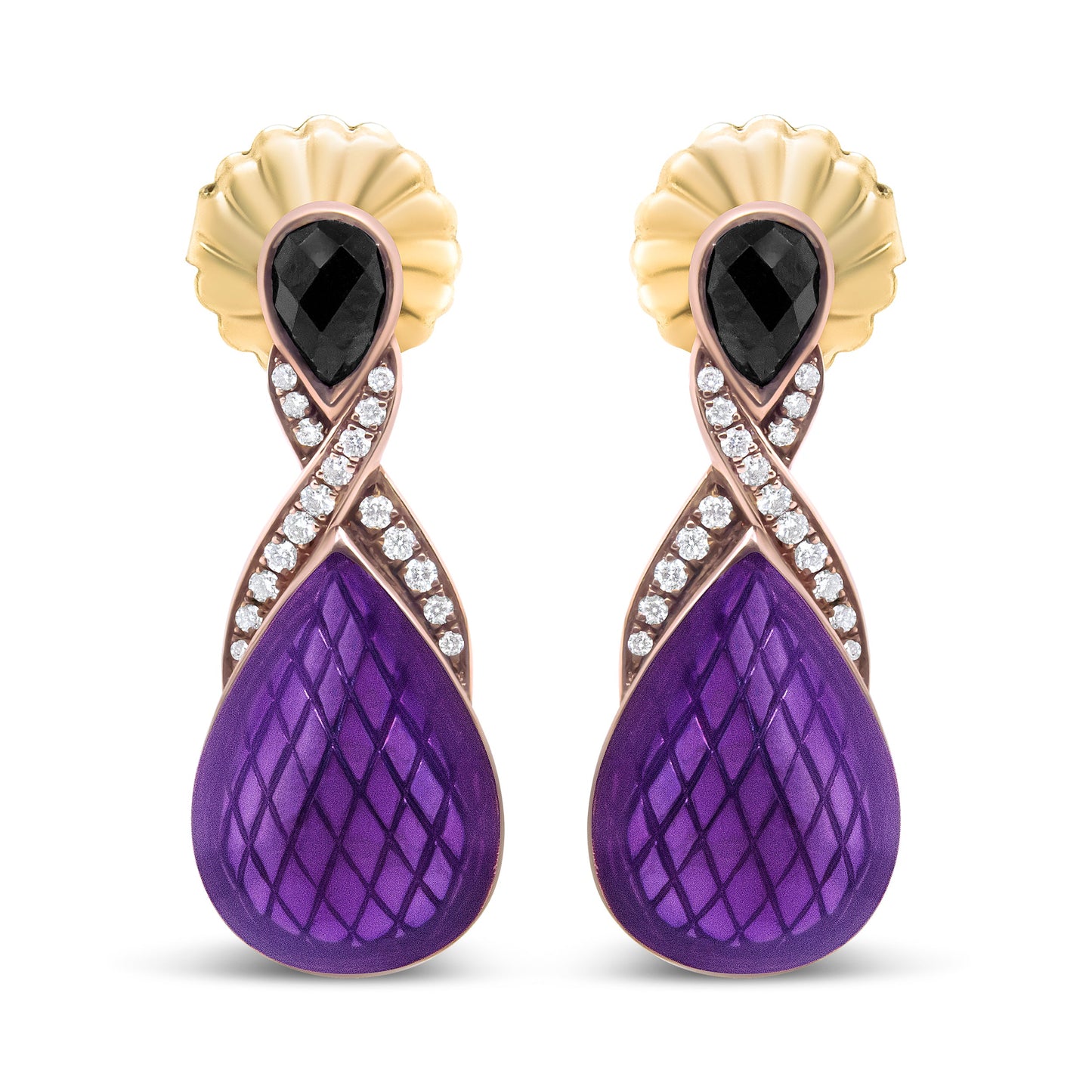 Pendientes de gota de ónice y diamantes enchapados en oro rosa de 18K