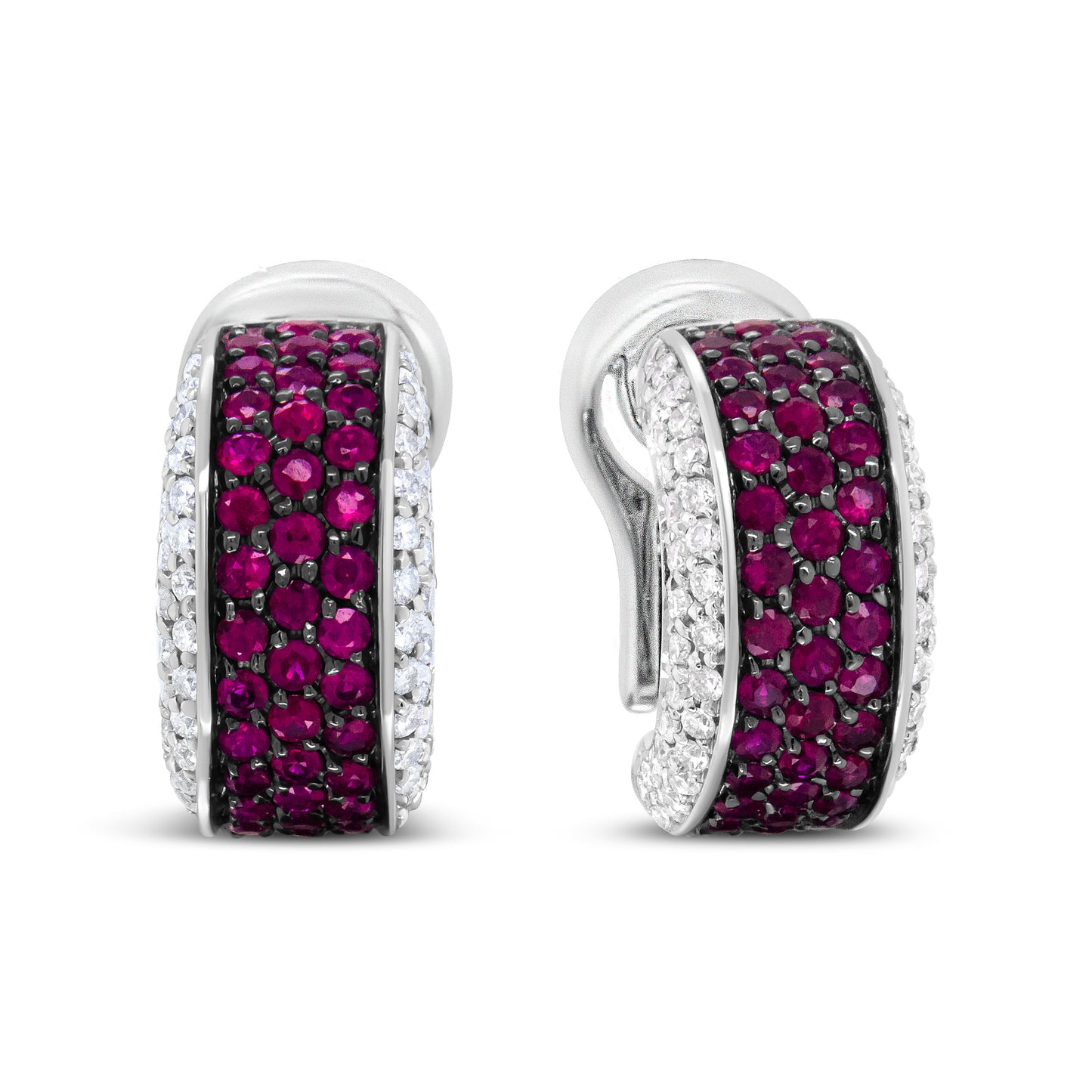 Boucles d'oreilles créoles huggie en or blanc 18K et rhodium noir avec diamants et rubis