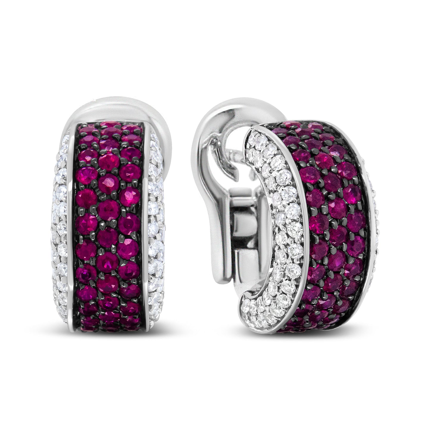 Boucles d'oreilles créoles huggie en or blanc 18K et rhodium noir avec diamants et rubis