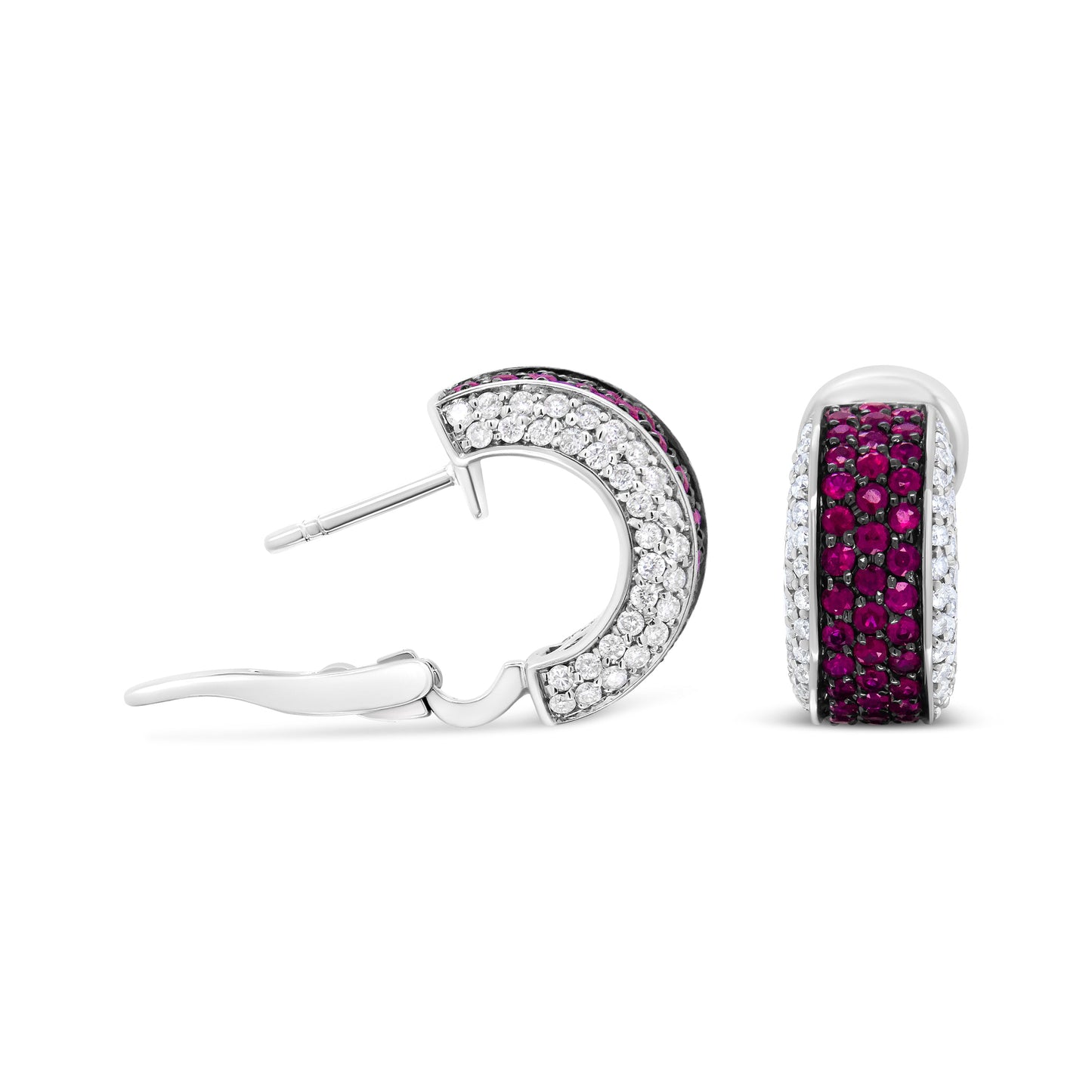 Boucles d'oreilles créoles huggie en or blanc 18K et rhodium noir avec diamants et rubis