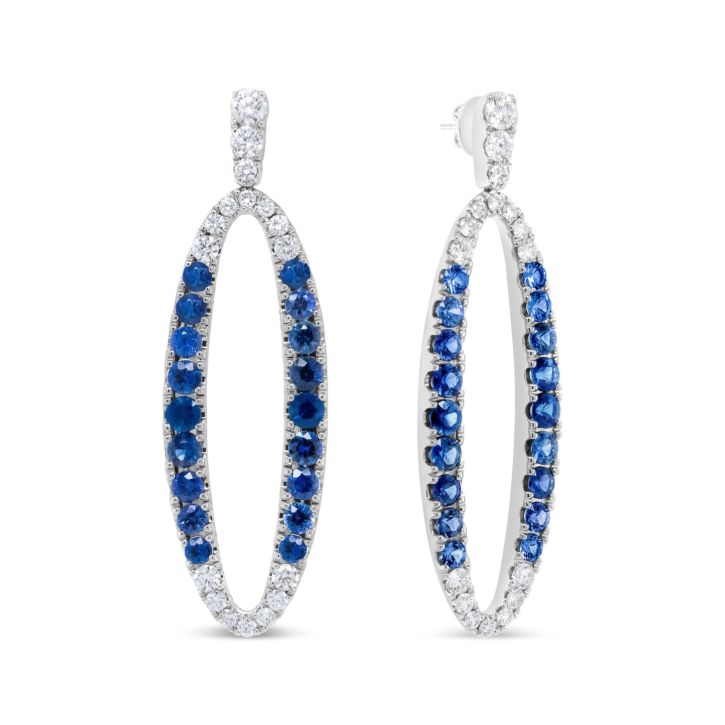 Boucles d'oreilles pendantes en or blanc 18K avec diamants bleus et saphirs