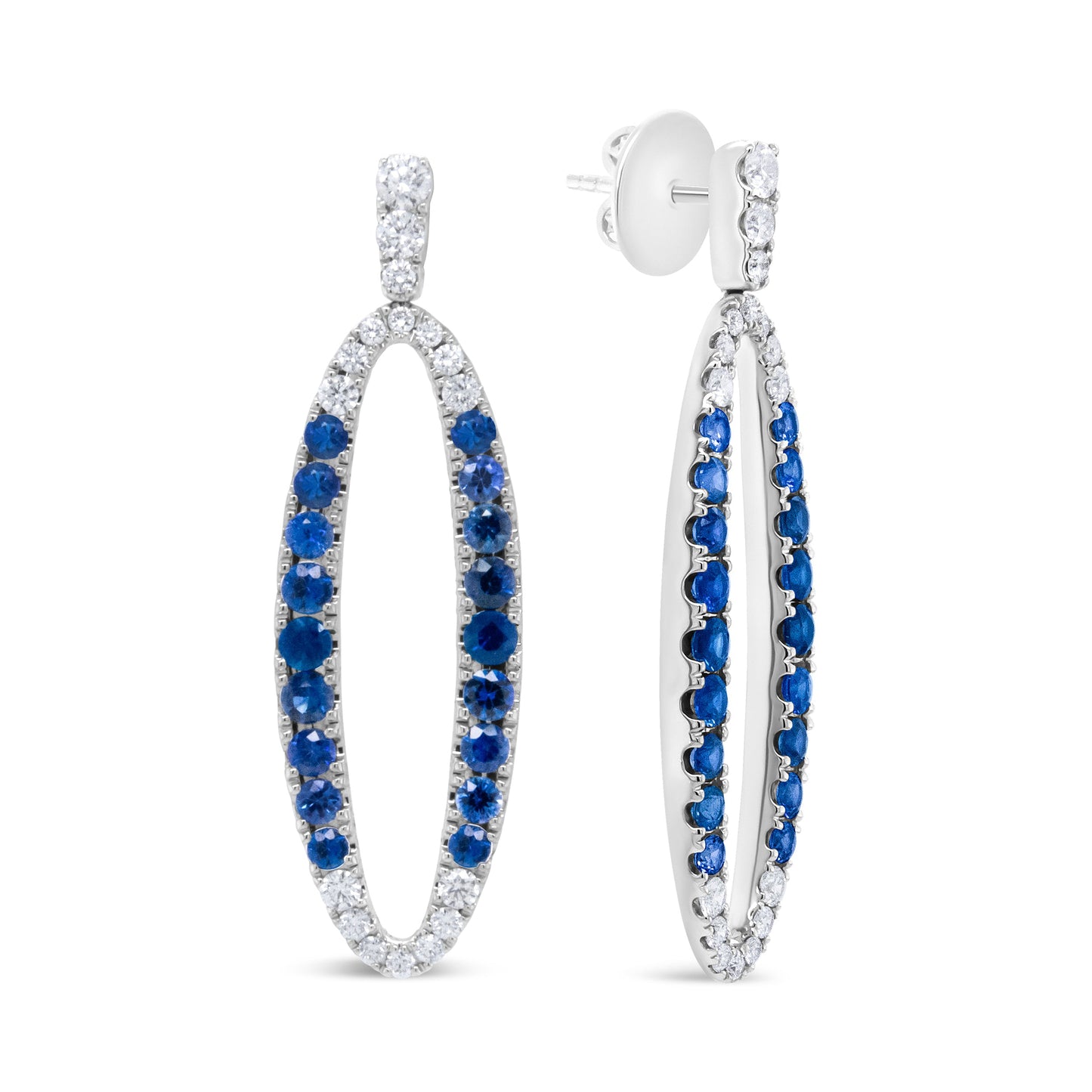 Boucles d'oreilles pendantes en or blanc 18K avec diamants bleus et saphirs