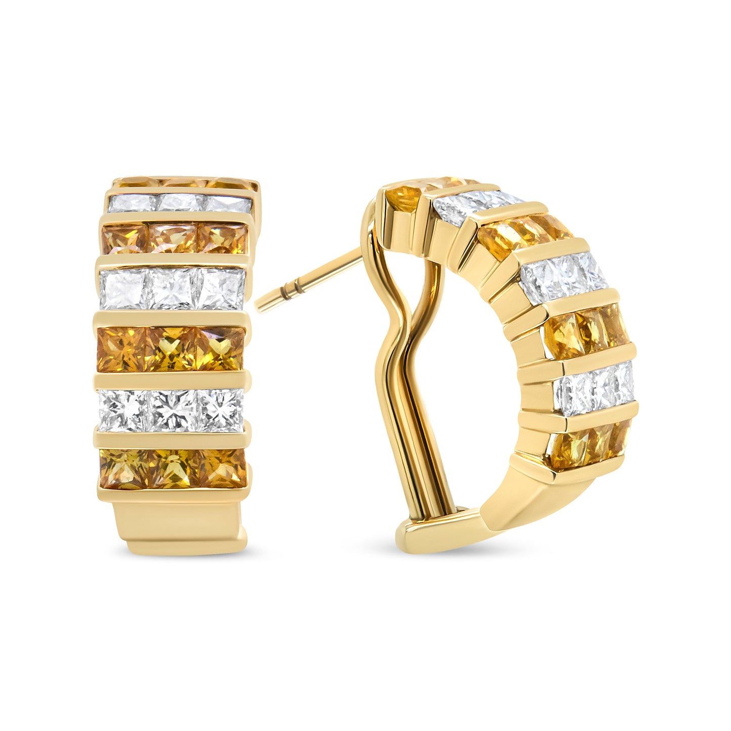 Boucles d'oreilles créoles huggie en or jaune 18K avec diamants taille princesse et saphirs jaunes