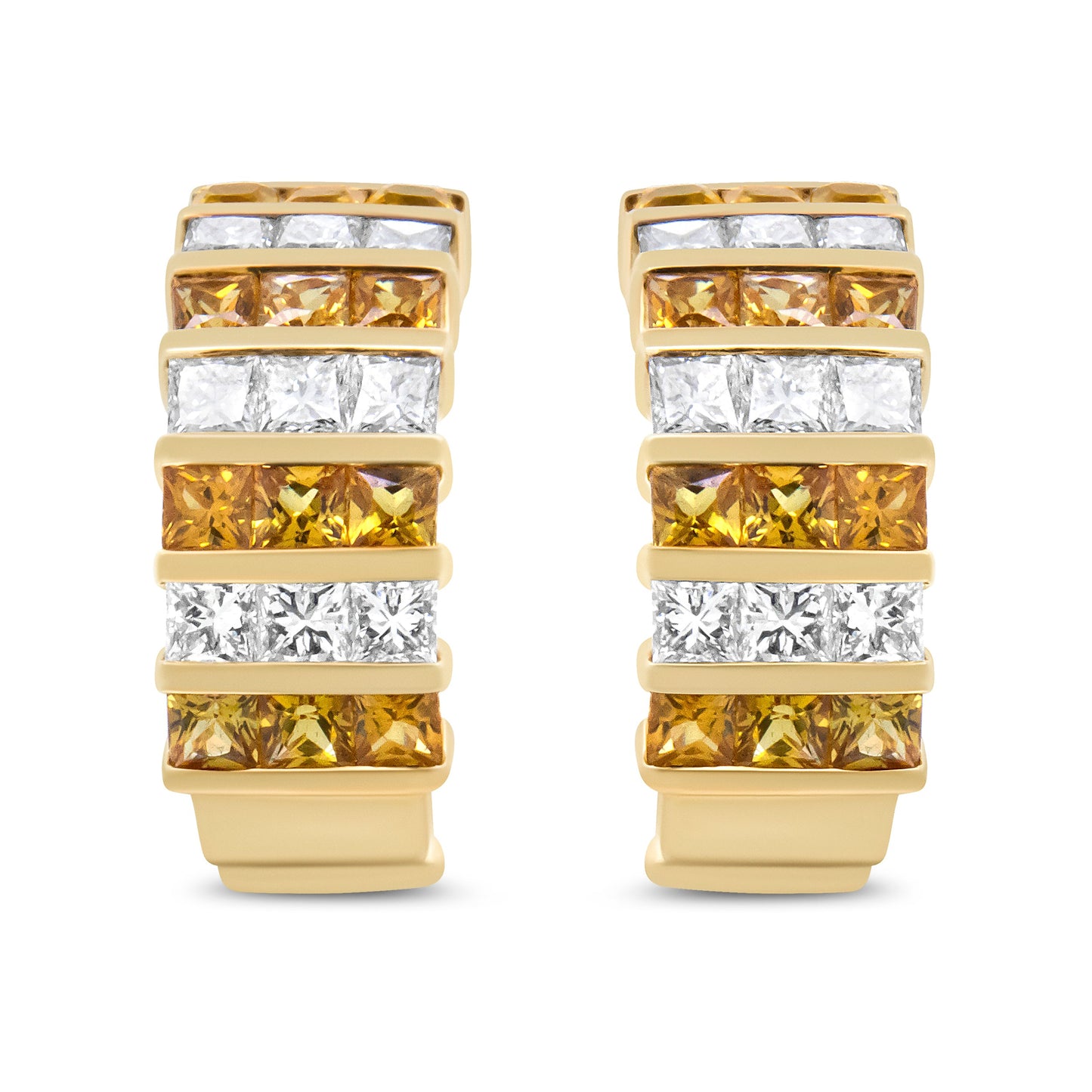 Boucles d'oreilles créoles huggie en or jaune 18K avec diamants taille princesse et saphirs jaunes