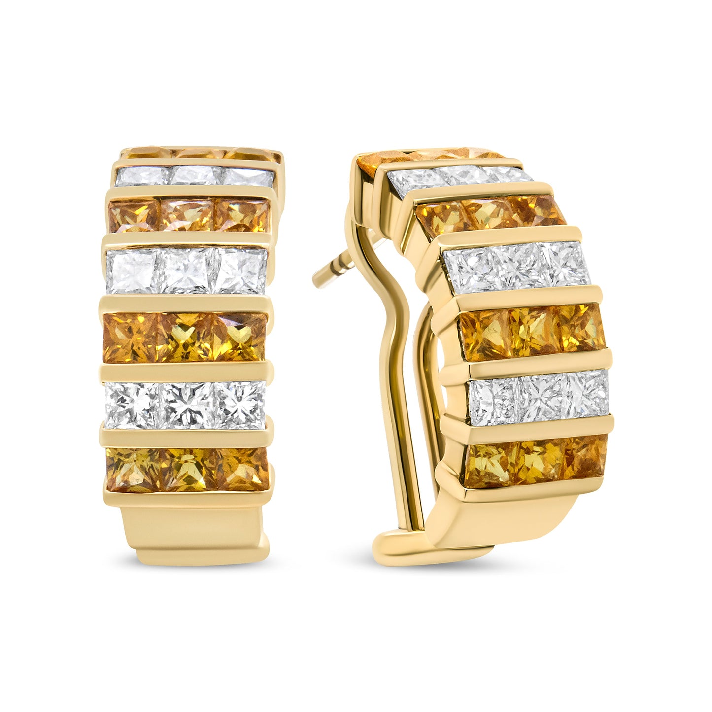 Boucles d'oreilles créoles huggie en or jaune 18K avec diamants taille princesse et saphirs jaunes