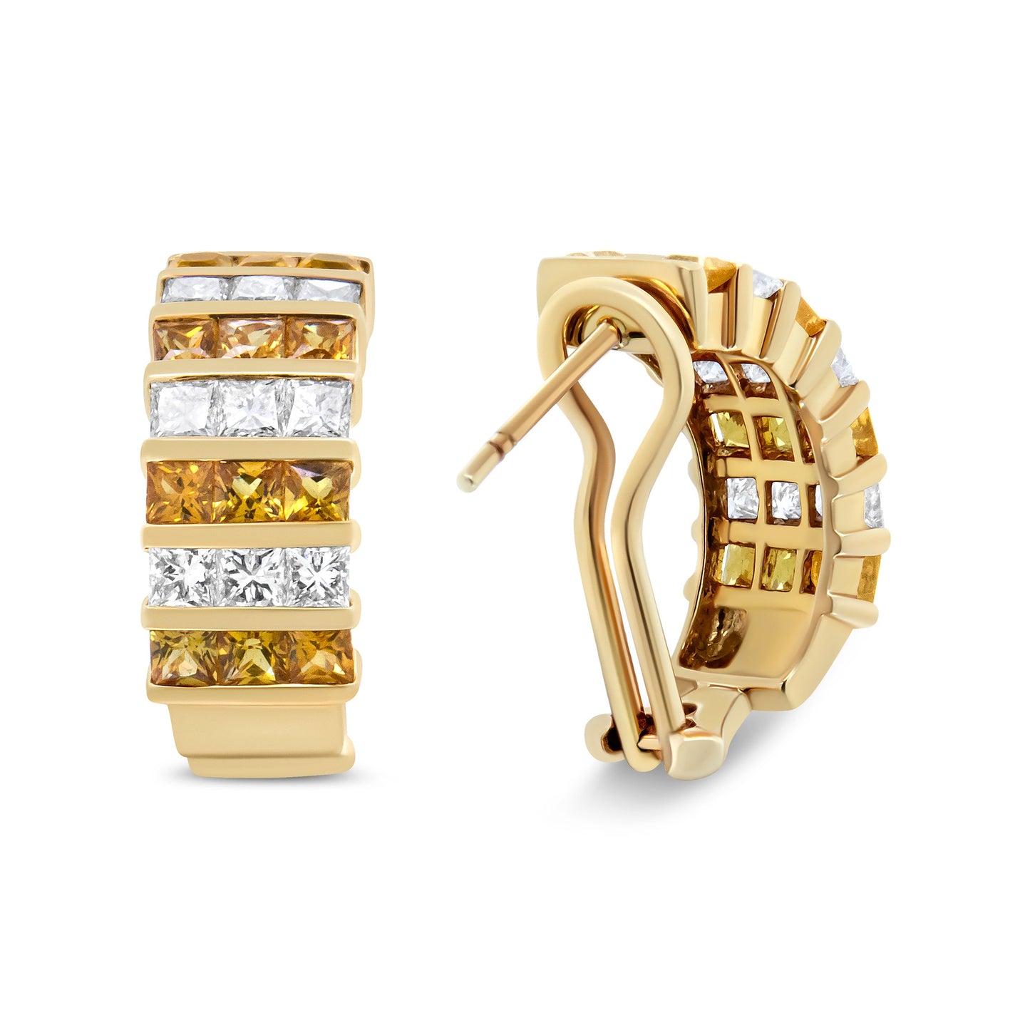 Boucles d'oreilles créoles huggie en or jaune 18K avec diamants taille princesse et saphirs jaunes