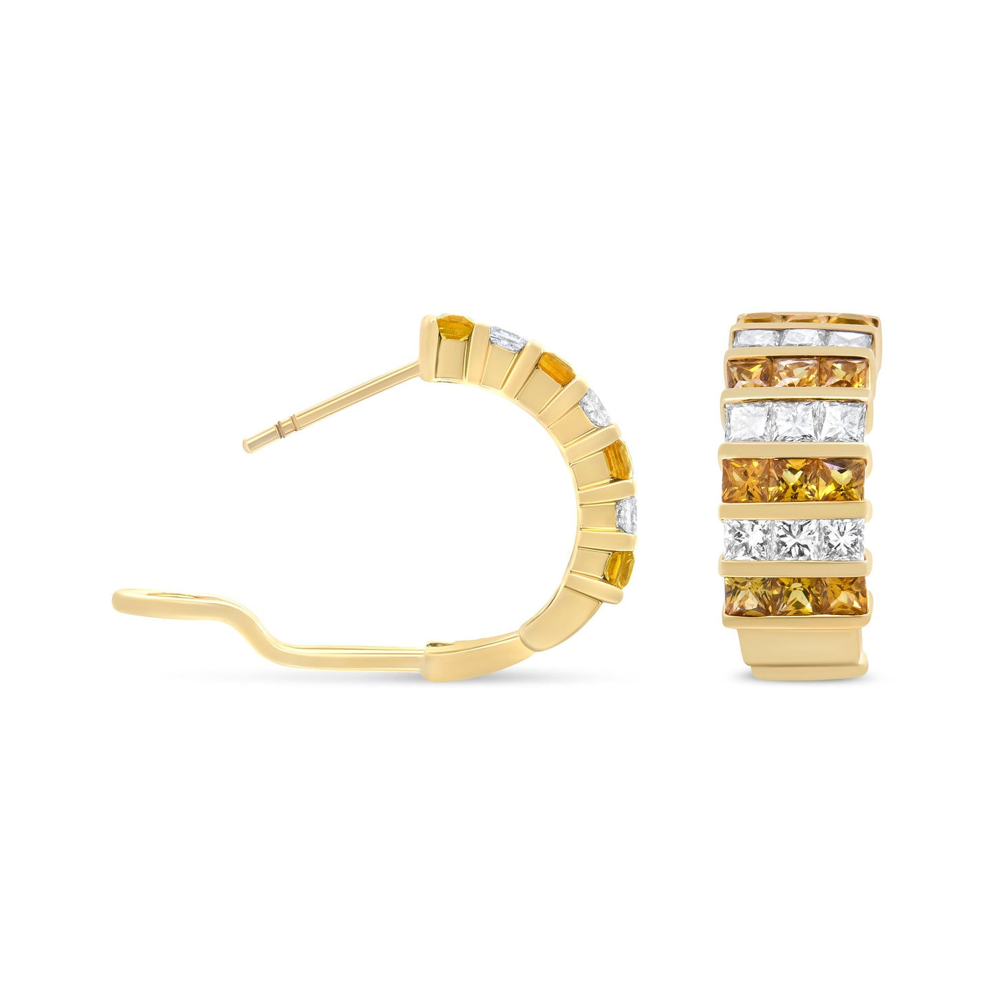 Boucles d'oreilles créoles huggie en or jaune 18K avec diamants taille princesse et saphirs jaunes