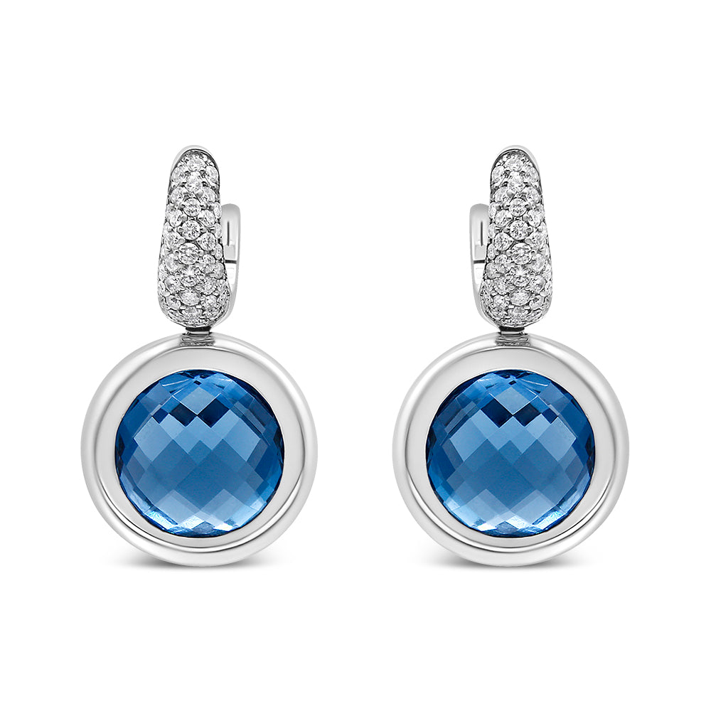 Boucles d'oreilles pendantes en or blanc 18K avec topaze bleue et diamants