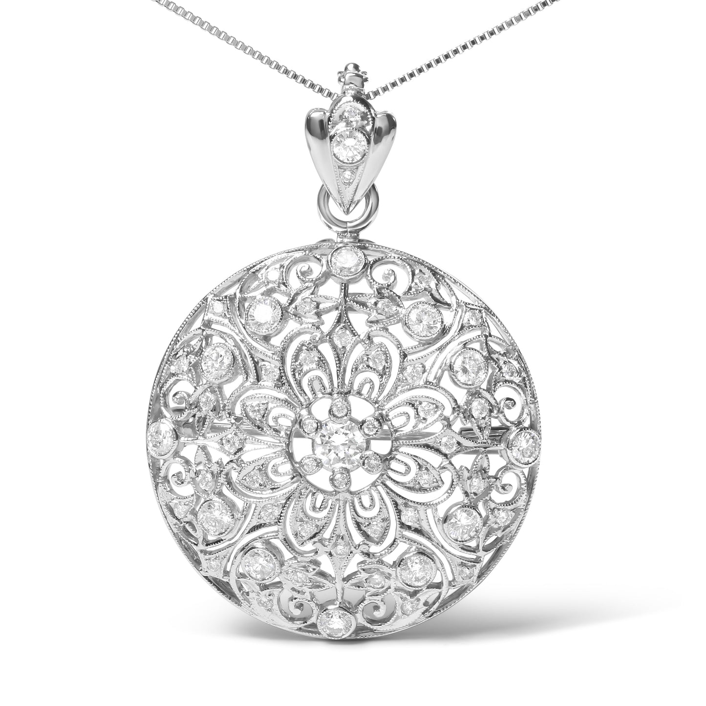 Collar y Broche de Filigrana Floral de Diamantes en Oro Blanco de 18K