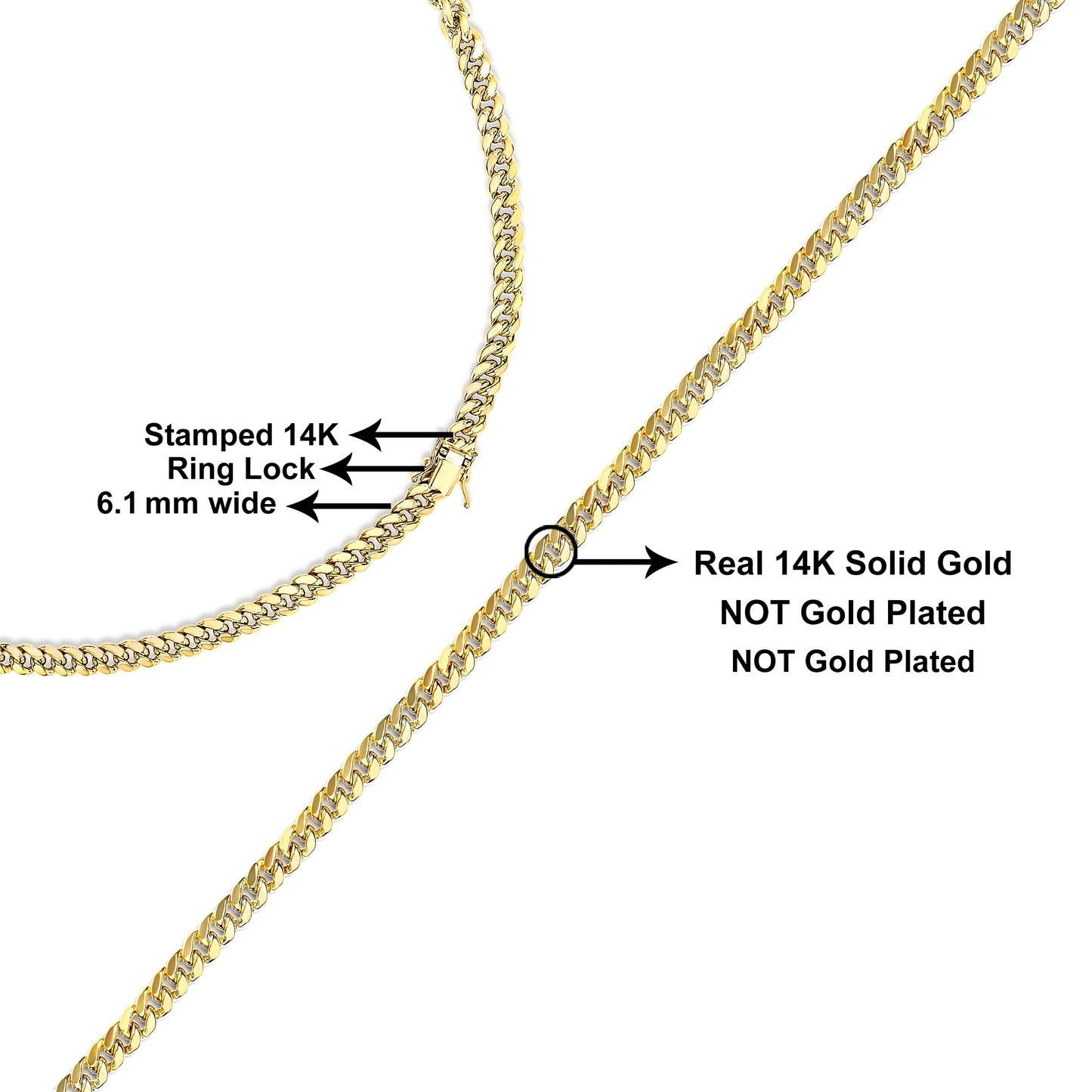 Collier en chaîne cubaine de Miami classique en or jaune 14K semi-solide - 22 pouces