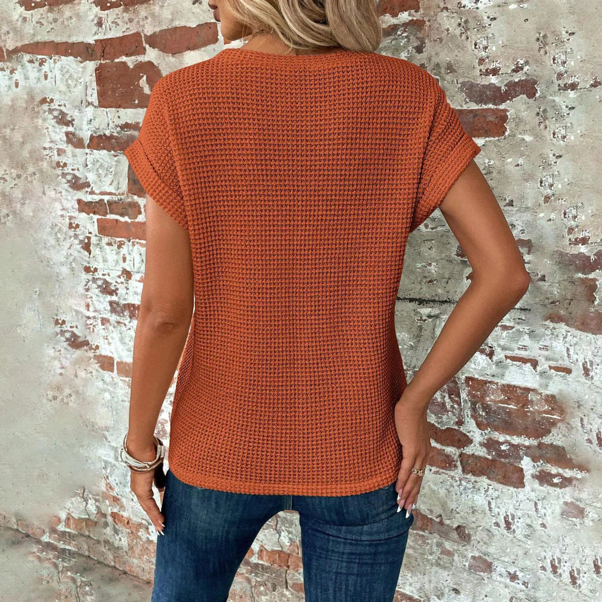 Camiseta de Cuello Redondo de Waffle Sólido de Verano Chic y Cómoda